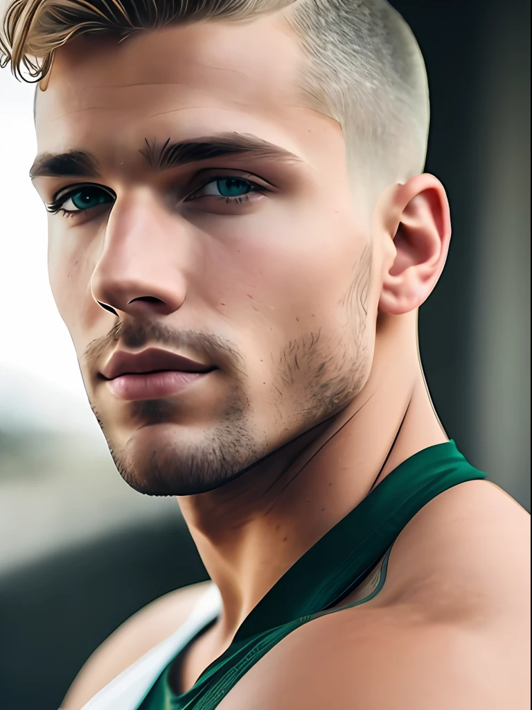 Masterpiece full frame, Close portrait, insanely handsome male model, 40s, Herculean Greek male, taupe clear skin, auburn buzzcut hair, blonde hair, very masculine, heterochromia green eyes, (skin texture), skin pores, shallow depth of field, sharp eye focus, backlit