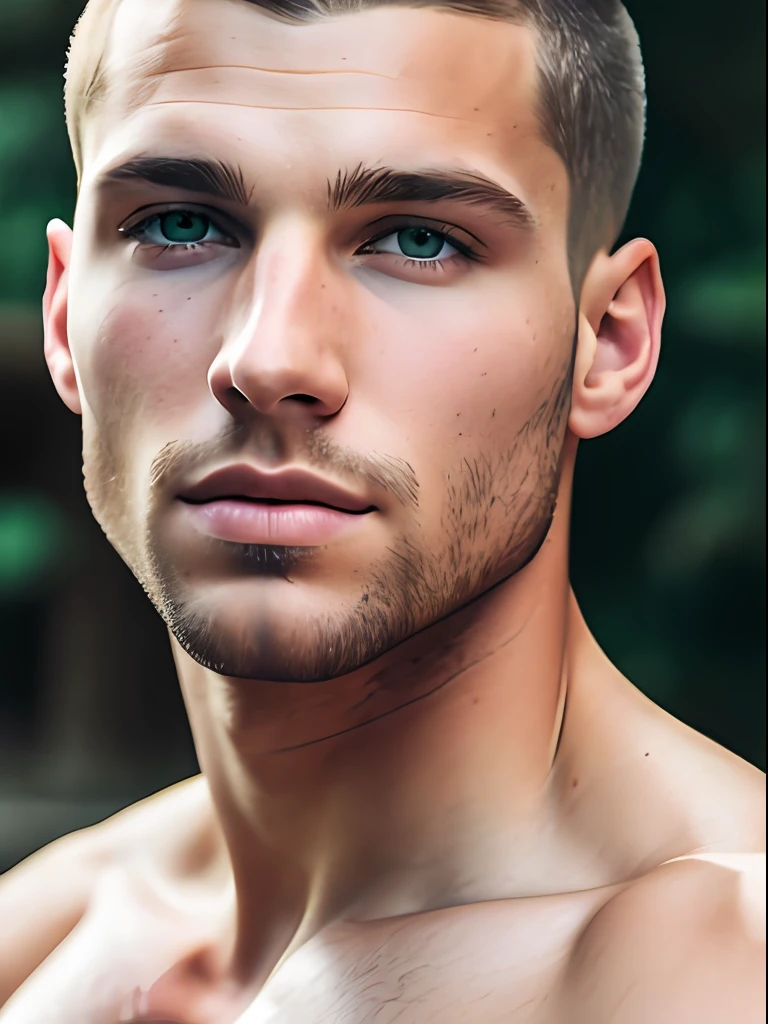 Masterpiece full frame, Close portrait, insanely handsome male model, 40s, Herculean Greek male, taupe clear skin, auburn buzzcut hair, blonde hair, very masculine, heterochromia green eyes, (skin texture), skin pores, shallow depth of field, sharp eye focus, backlit