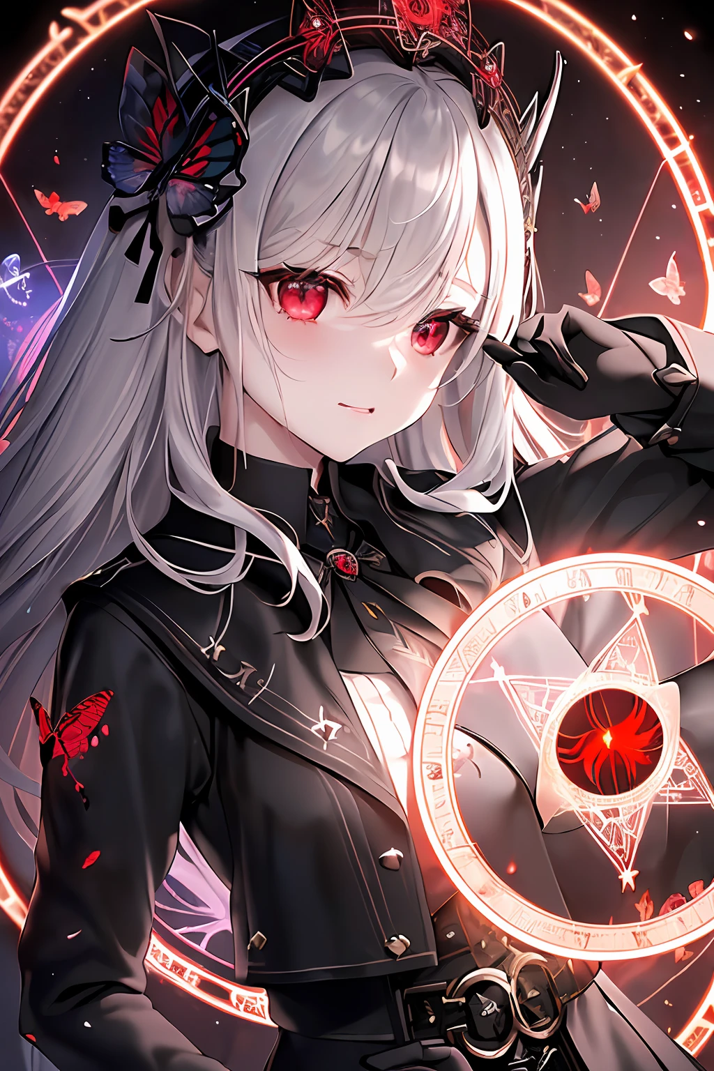masterpiece, (best quality:1.1), (1girl), solo, cowboy shot, (finely detailed eyes and detailed face:1.3), (illustration:1.1), field of depth, (extremely fine and beautiful:1.1), (black trench coat + beautiful detailed black vest + white shirt:1.1 + black tie + black skirt + black flower on head + black gloves), (white_hair + medium_hair + wavy_hair), (red eyes:1.1),small_medium breasts, eyelashes, , pale skin, evil smile, beautiful detailed fallen small city + detailed ruin, many object, beautiful and clear background:1.2, renegade, evil, ((Red butterflies flying|around the character:1.3 + red light particles:1.15), ((perfect magic circle:1.3)), many object