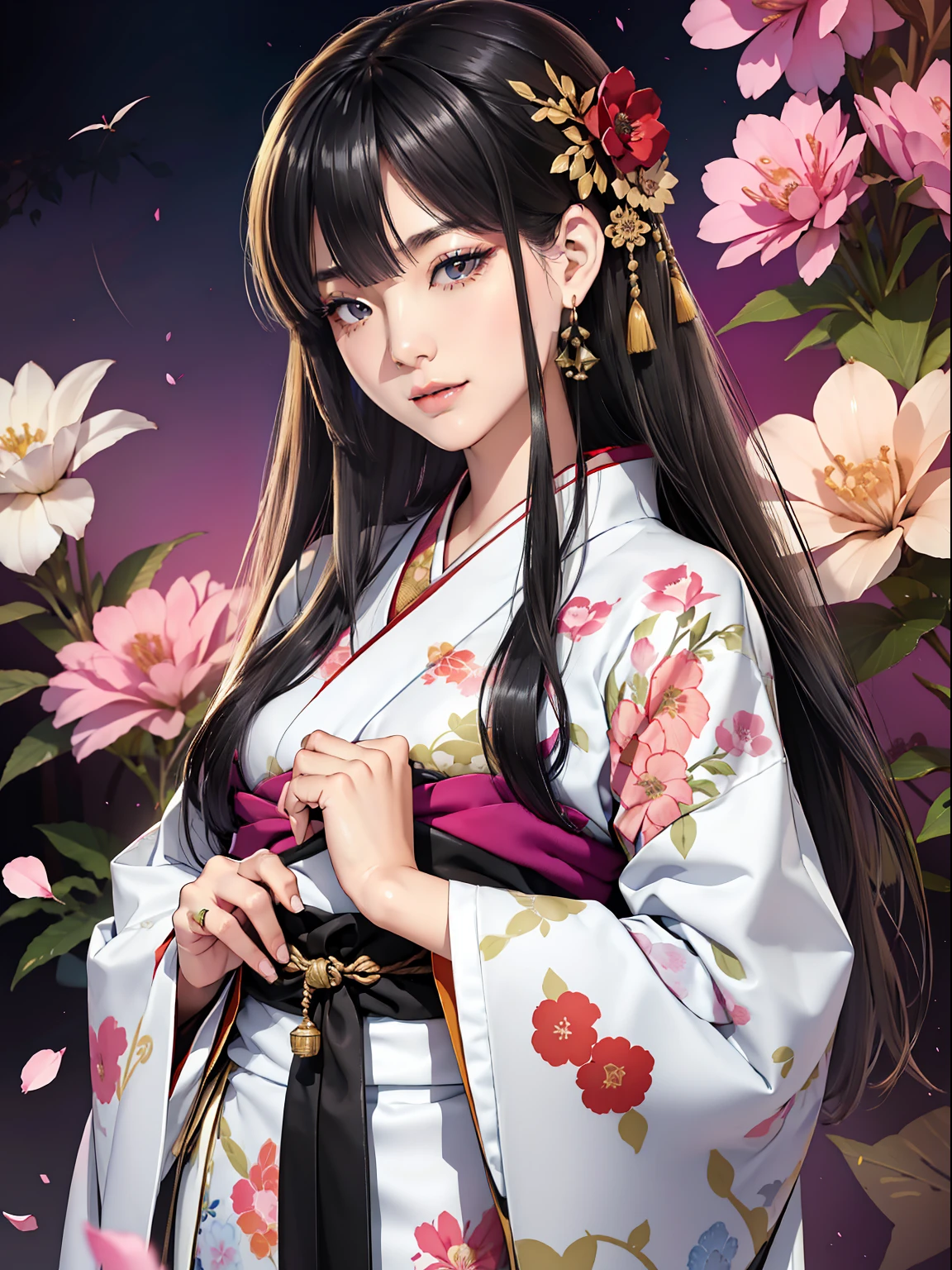 Mature girl、Long Black Hair、A slight smile、Black-haired、Colorful Japan kimono、Nishijin Ori、Delicate and smart eyes、intricate damask hanfu、Luxury accessories、FOV、F1.8、masterpiece、complex scenes、flower petals flying、Diagonal portrait shot、