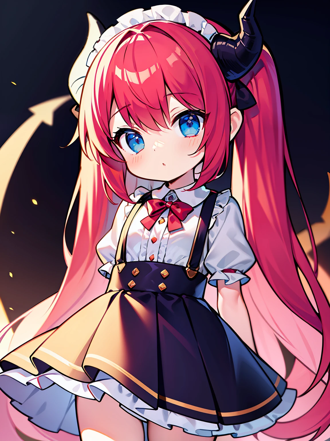 {{best quality}}, {{masterpiece}}, {{ultra-detailed}}, {illustration}, {detailed light}, red hair,blue eyes,twintails,lolita,Suspenders skirt,Fantastic,loli,solo,Dragon horns,little girl,long hair