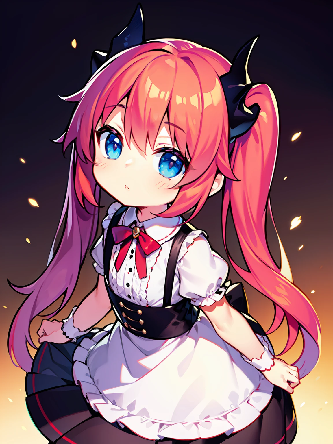 {{best quality}}, {{masterpiece}}, {{ultra-detailed}}, {illustration}, {detailed light}, red hair,blue eyes,twintails,lolita,Suspenders skirt,Fantastic,loli,solo,Dragon horns,little girl,long hair