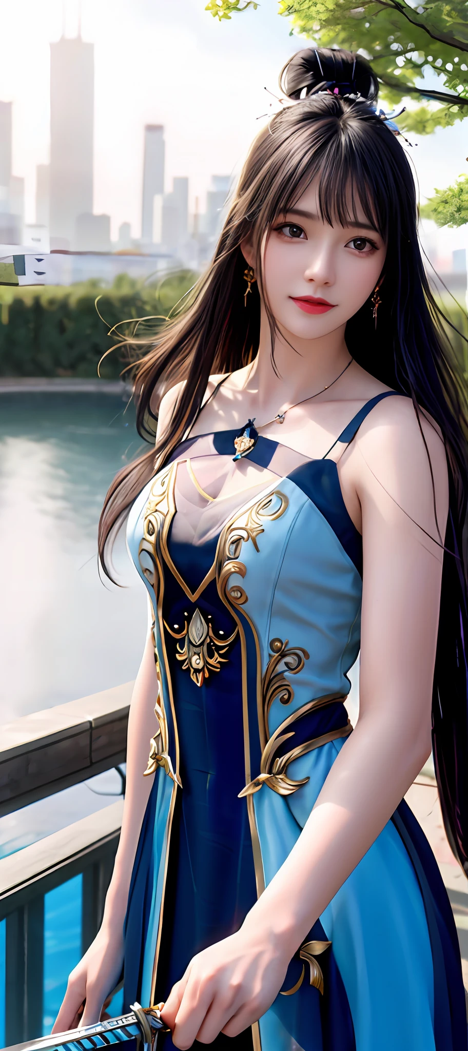 realisticity: 1.2), best quality, masterpiece, highres, cg, 1girl, weapon, sword, long hair, dress, water, solo, jewelry, blue dress, earrings, hair ornament, splashing, upper body super realistis, hair bun, blue and pink hair, city backgraun realistis, lighting,candid, Photograph, high resolution, 4k, 8k, Bokeh,