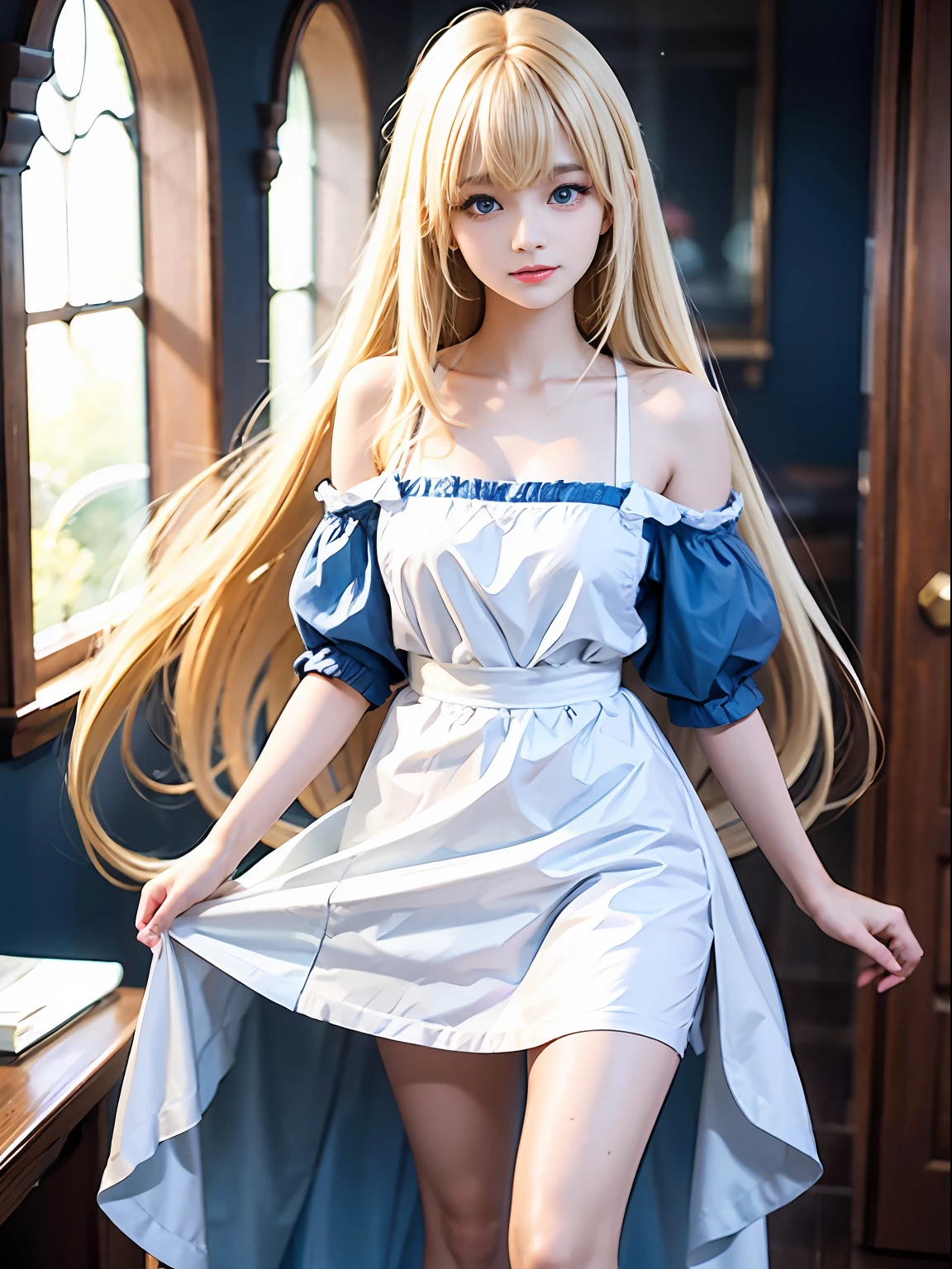 bright expression、photorealisim、top-quality、超A high resolution、a picture、Beautiful Nordic-born lady、animesque、Deities々Right、mystical、Extraordinary beautiful girl、Laugh、Dynamism、Detailed cute and beautiful face、(pureerosface_v1:0.008)、Beautiful bangs、alice in the wonderland、off shoulders、18year old、Glowing white shiny skin、Soft smile、Beautiful legs、Bangs that extend to the face、Bangs between the eyes、Super long hair、Attractive light and dark platinum blonde super long straight silky hair、beautiful hairl、finer hair、Attractive glowing beautiful bright clear light blue big eyes、I can see the cleavage、White Apron、Yellow dress、eye liner、Double eyelids、lipgloss