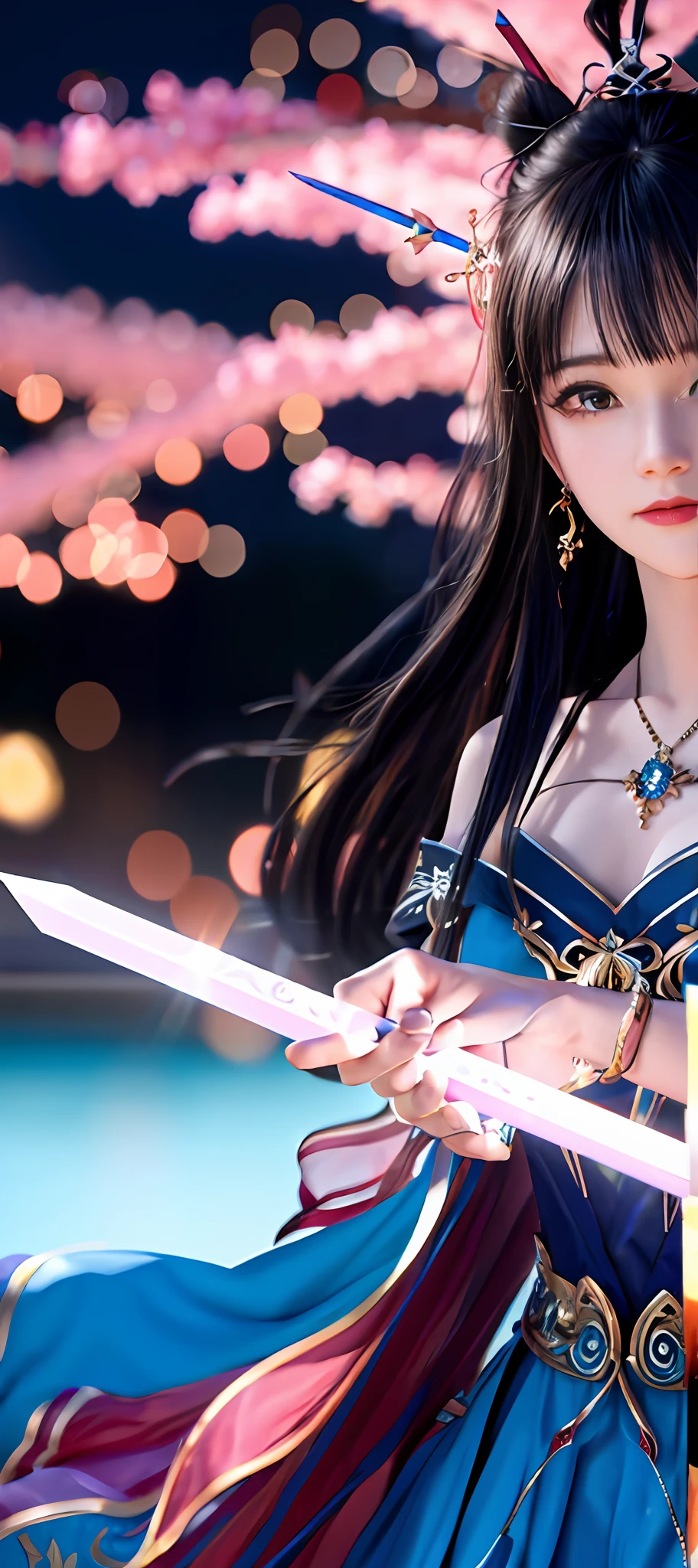 realisticity: 1.2), best quality, masterpiece, highres, cg, 1girl, weapon, sword, long hair, dress, water, solo, jewelry, blue dress, earrings, hair ornament, splashing, upper body super realistis, hair bun, blue and pink hair, city backgraun realistis, lighting,candid, Photograph, high resolution, 4k, 8k, Bokeh,