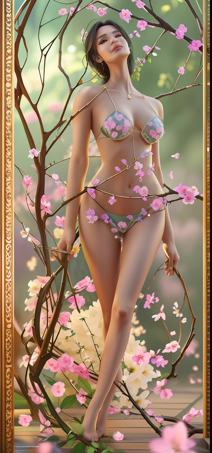 tmasterpiece,超A high resolution,a beautiful woman,The perfect figure to fly in the sky,The facial features are delicate and beautiful,middlebreast,No clothes all over,((There are a lot of flowers in the picture)),The body is wrapped around the body with gemstones and flower vines,many,Gemstones and jadeite are connected with green stems to decorate the body,(The body is surrounded by dense flower branches),Correct human posture,Correct anatomy,Magical world,Artistic effects,rich colours,The colors are natural,Extremely high imagination,Perfect artistic effect,Shadows are clear,ultra-realistic realism,Real Photographics,Ultra HD images,High quality detailing, Cinematic lighting,((Contre-Jour)),absurderes, unbelievable Ridiculous, hugefilesize, ultra - detailed, A high resolution, The is very detailed,best qualtiy,tmasterpiece,illustratio,The is very detailed,CG,unified,8k 壁纸,Amazing Cleavage,finely detailled,tmasterpiece