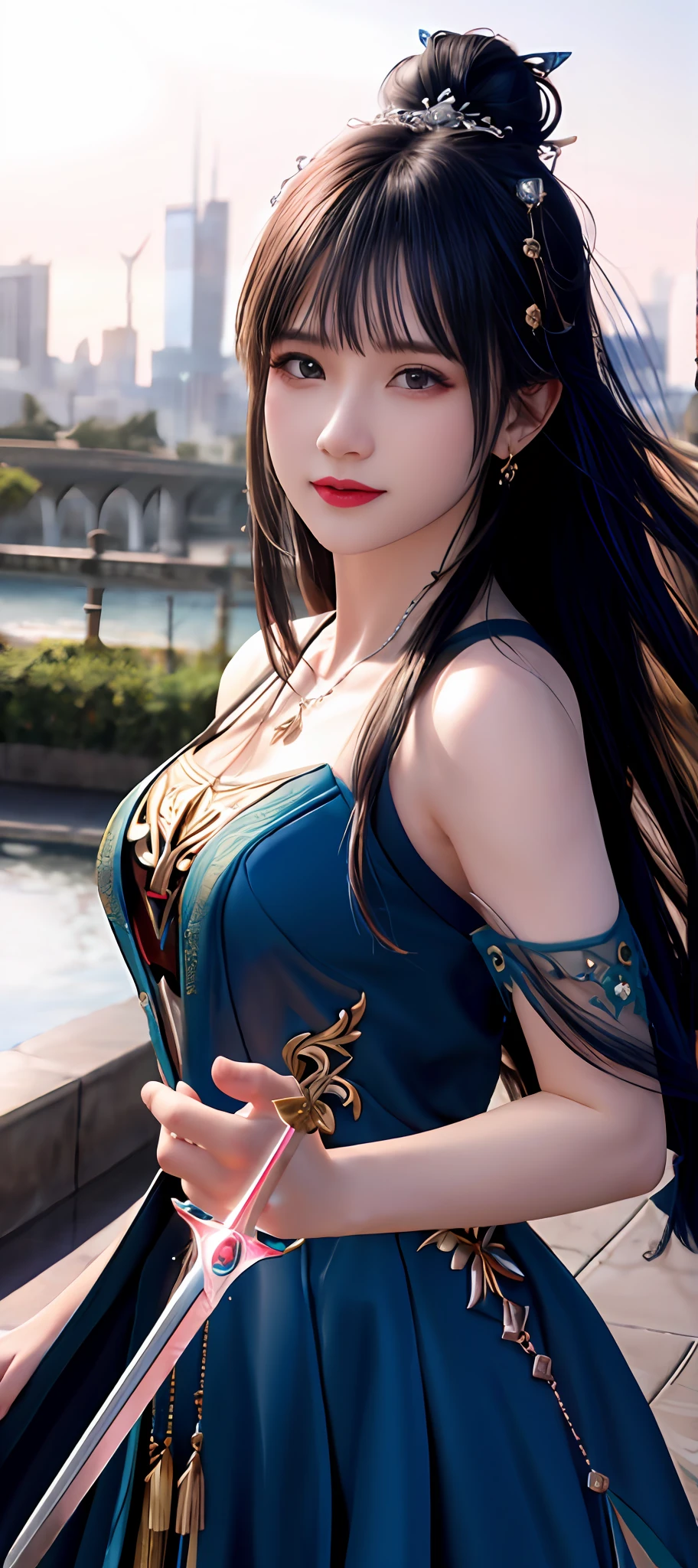 realisticity: 1.2), best quality, masterpiece, highres, cg, 1girl, weapon, sword, long hair, dress, water, solo, jewelry, blue dress, earrings, hair ornament, splashing, upper body super realistis, hair bun, blue and pink hair, city backgraun realistis, lighting,candid, Photograph, high resolution, 4k, 8k, Bokeh,
