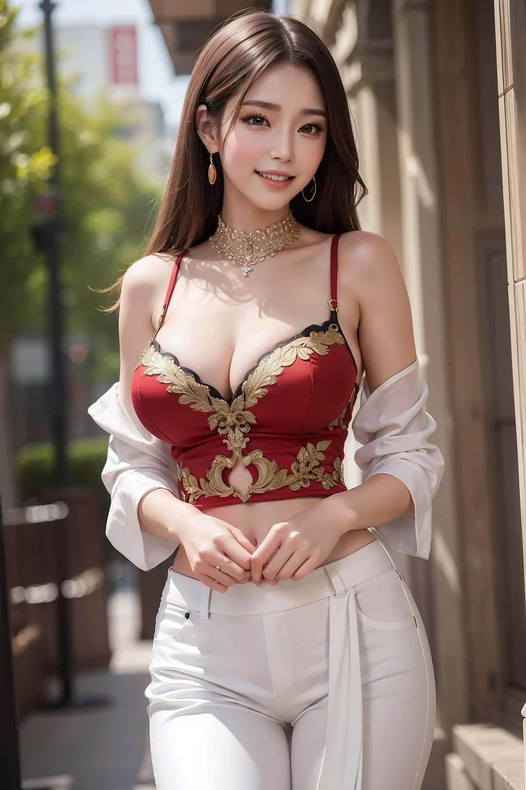 Top image quality、hight resolution、A detailed face、Beautiful Women in Perfect Style、Affectionate smile、Wide pants、big breasts thin waist、Slim legs