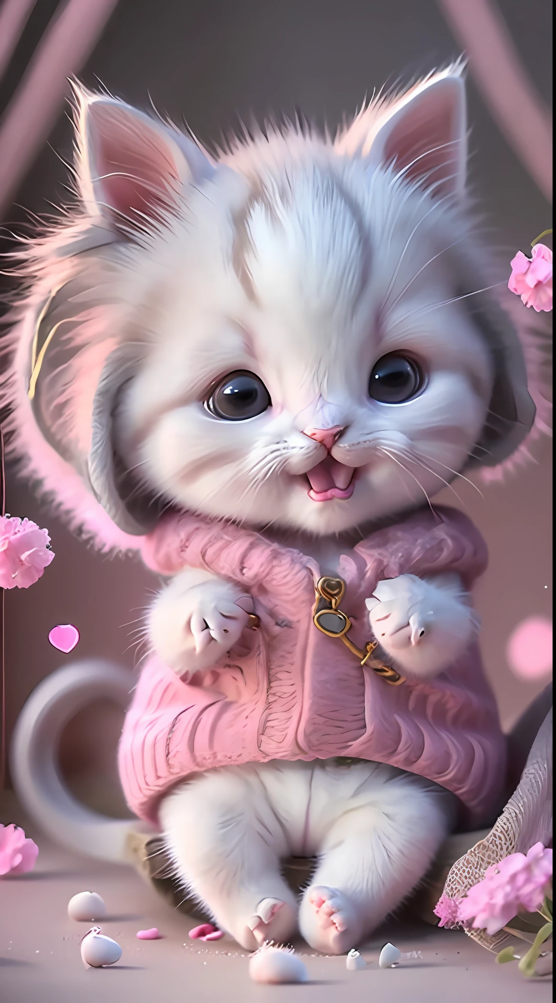 A white-haired kitten sits on a person's hand， Miniature kittens， Animal focus， sbeard， realisticlying， POV hands， vague background，In pink，blingbling，ssmile，Funny，Open-mouthed