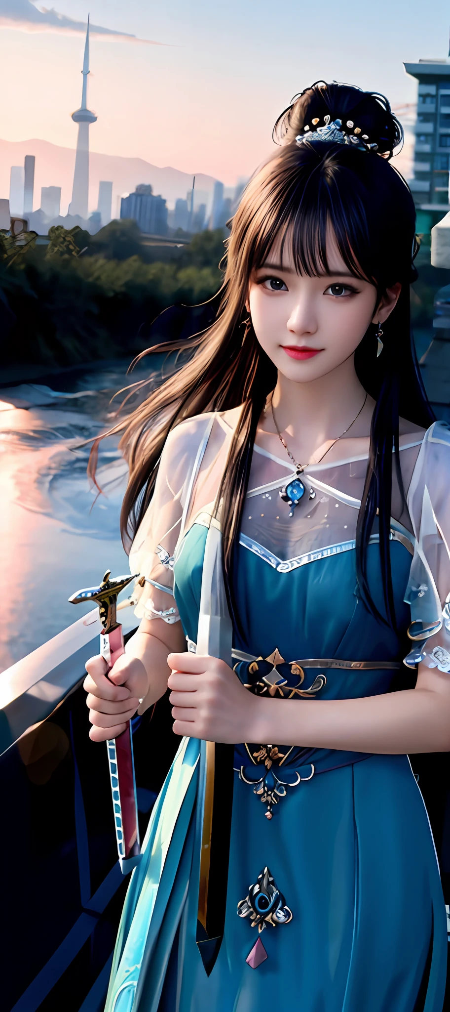 realisticity: 1.2), best quality, masterpiece, highres, cg, 1girl, weapon, sword, long hair, dress, water, solo, jewelry, blue dress, earrings, hair ornament, splashing, upper body super realistis, hair bun, blue and pink hair, city backgraun realistis, lighting,candid, Photograph, high resolution, 4k, 8k, Bokeh,