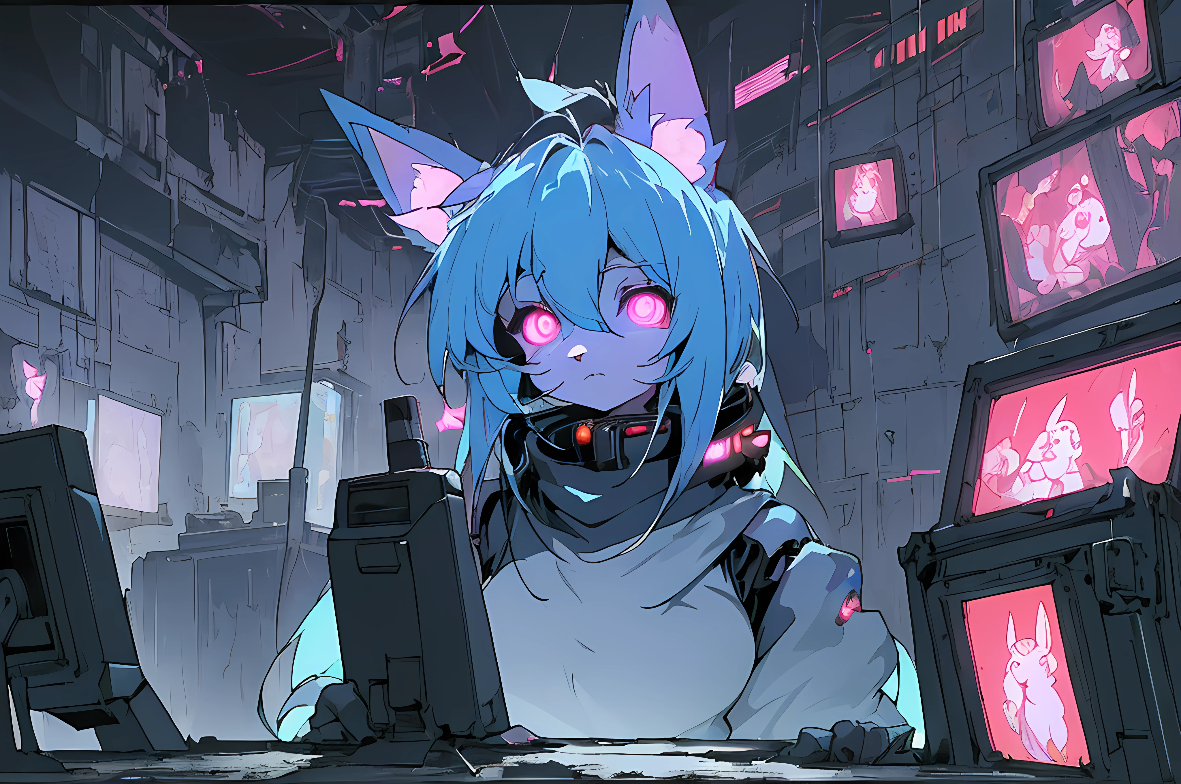 (((cyberpunk bleak bleak bleak dark black black black bleak gray))), vampire hunter d, (vintage vhs), (crt screenshot), (((dark scene))), (((dark cloudy scene))), (((angel's egg anime))), (((serial experiments lain anime))), (((underground basement scene))), (((unlit nighttime scene))), (((dark abandoned cyberpunk glowing screens lab house))), (((solemn blue anthro kemono furry rabbit with tall bunny ears exploring old computer screens))), (((underground cavern filled with glowing computer screens))), anime rabbit character with futuristic hair and glowing eyes and tall bunny ears exploring old ruins, anime art, anime aesthetic, (((old ruins in background cel art))), kemono anime rabbit girl, wearing cybernetic bunny ears, angry female fighter --v6