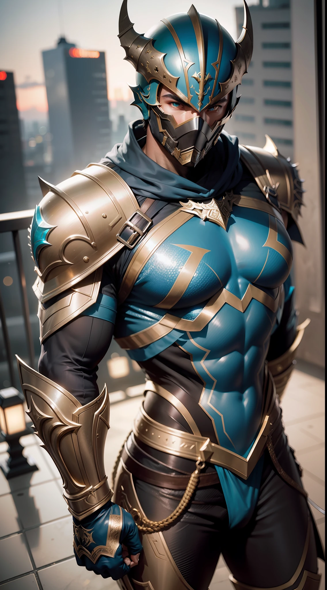 profesional lighting, HDR, ultra realista, 8K分辨率 , NinhaGaiden, armadura preta e dourado, male mask of Sub-Zero, alto, corpo atletico, at the top of the building.