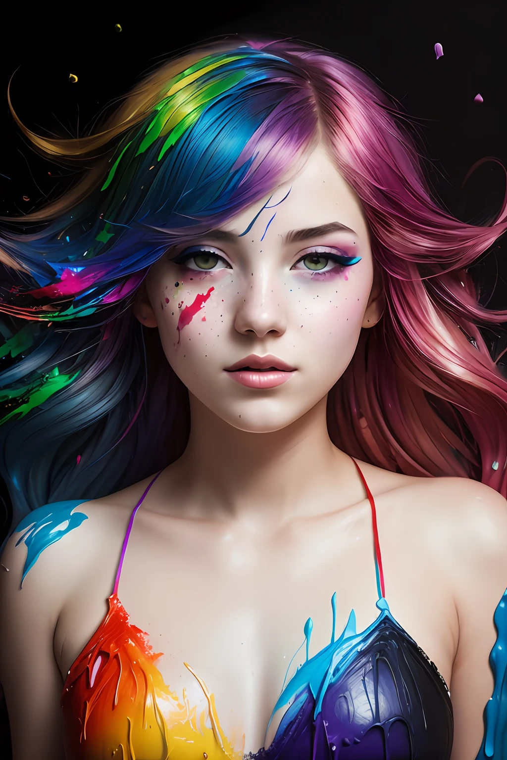 (level difference:1.8),(Paint colliding and splashing on the canvas),(depth of field),1girl's side face blends into it,((side face)),open mouth,(liquid paint rainbow hair:1.1) made of paint and defies gravity,thick flowing,(paint splatter:1.3),Liquid state,stunningly beautiful, masterpiece, detailed background,ultra high quality model, ethereal background,abstract beauty, explosive volumetric, oil painting,heavy strokes,Romantic lighting,Sub-Surface Scatterring,lens 135mm,f1.8,glow,8k,high resolution, dreamy,ray tracing,hdr,god rays,