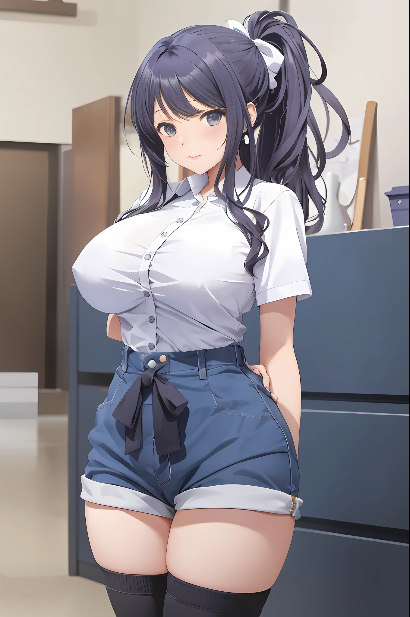 Chica de anime en pantalones cortos y una camisa blanca posando para una foto, seductora chica de anime, Misato Katsuragi, OPPAI, Marin Kitagawa Fanart, Escena de noire moody, Anime Moe Artstyle, (SFW) Seguro para el trabajo, Colegiala realista, con unos pechos grandes, Hermosa chica de secundaria de anime, Estilo anime ecchi, Proporciones OPPAI