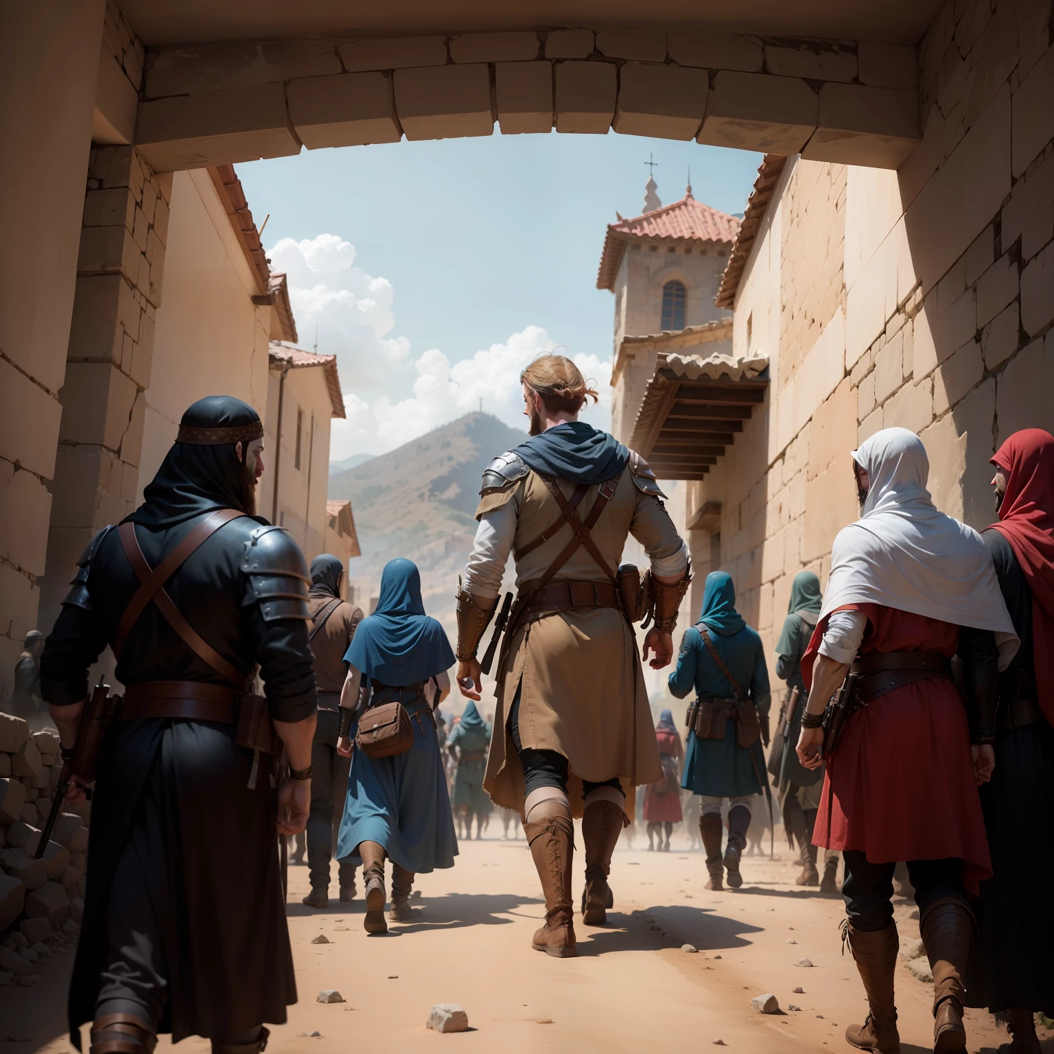 Create a thrilling image of Jericho after the fall of the walls. Mostrar a cidade devastada e em chamas, mas em contraste, show Rahab and her family leaving unharmed and being welcomed by the Israelites outside the city. Make the Israelite spies fulfill their promise and guide Rahab to safety, protegendo-a dos horrores da batalha.