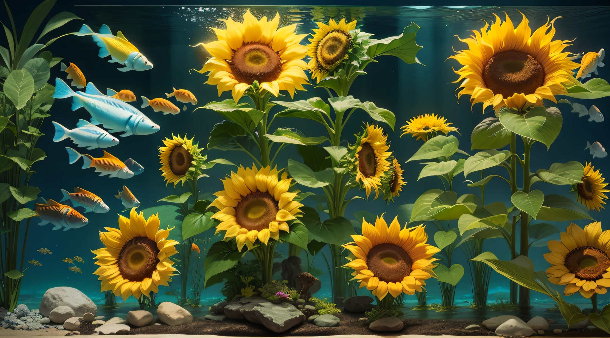 Large aquarium、Multiple sunflowers、top-quality、8K、masterpiece、a picture、Photorealsitic、Raw photography、top-quality、high-detail、真实感、photos realistic、Professional color correction、