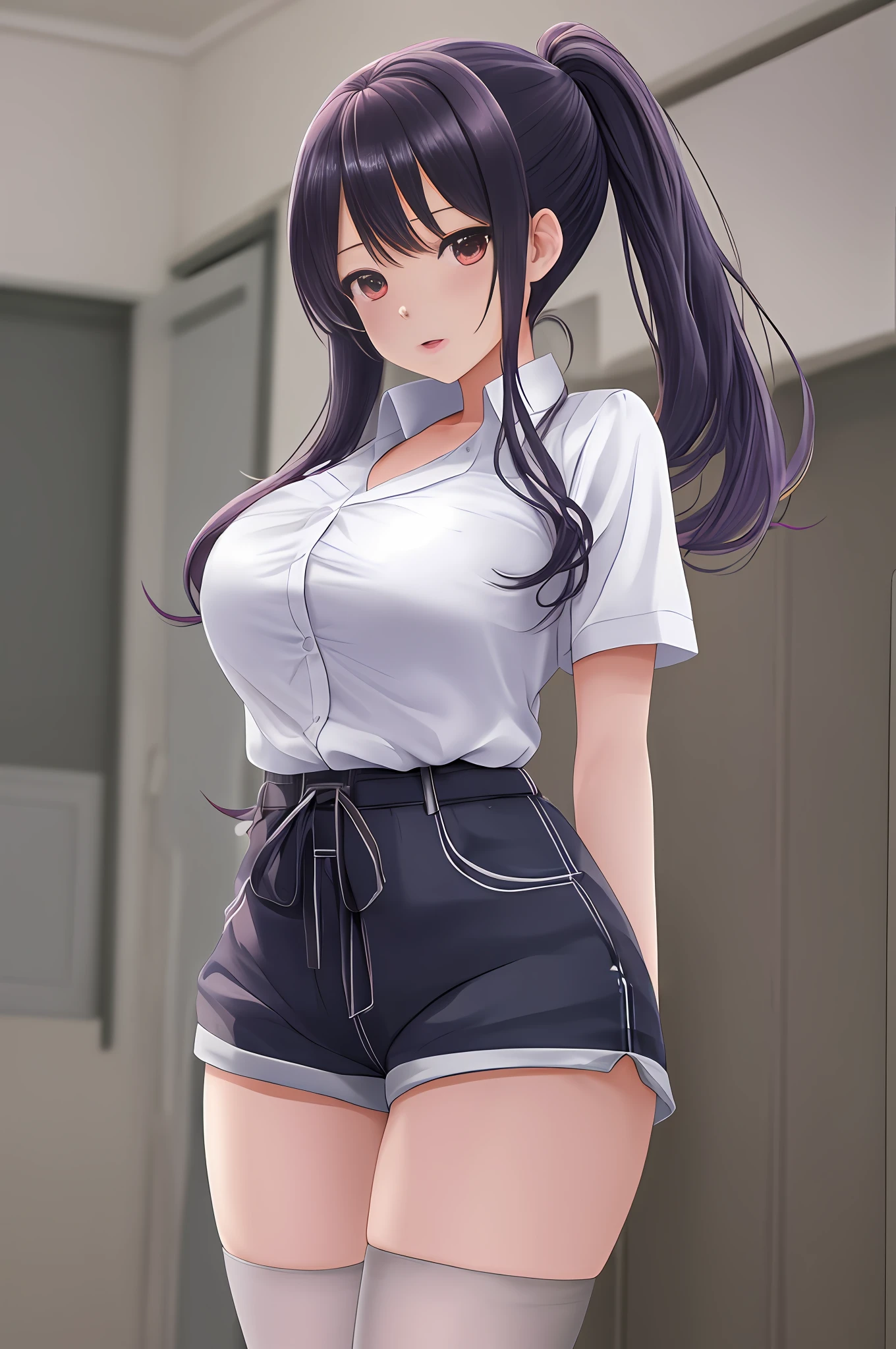 Anime girl in shorts and white shirt posing in a room, seductora chica de anime, Misato Katsuragi, Escena de noire moody, OPPAI, Marin Kitagawa Fanart, Anime Moe Artstyle, (SFW) Seguro para el trabajo, Colegiala realista, con unos pechos grandes, Hermosa chica de secundaria de anime, Mai Yonyyama, Una colegiala hiperrealista