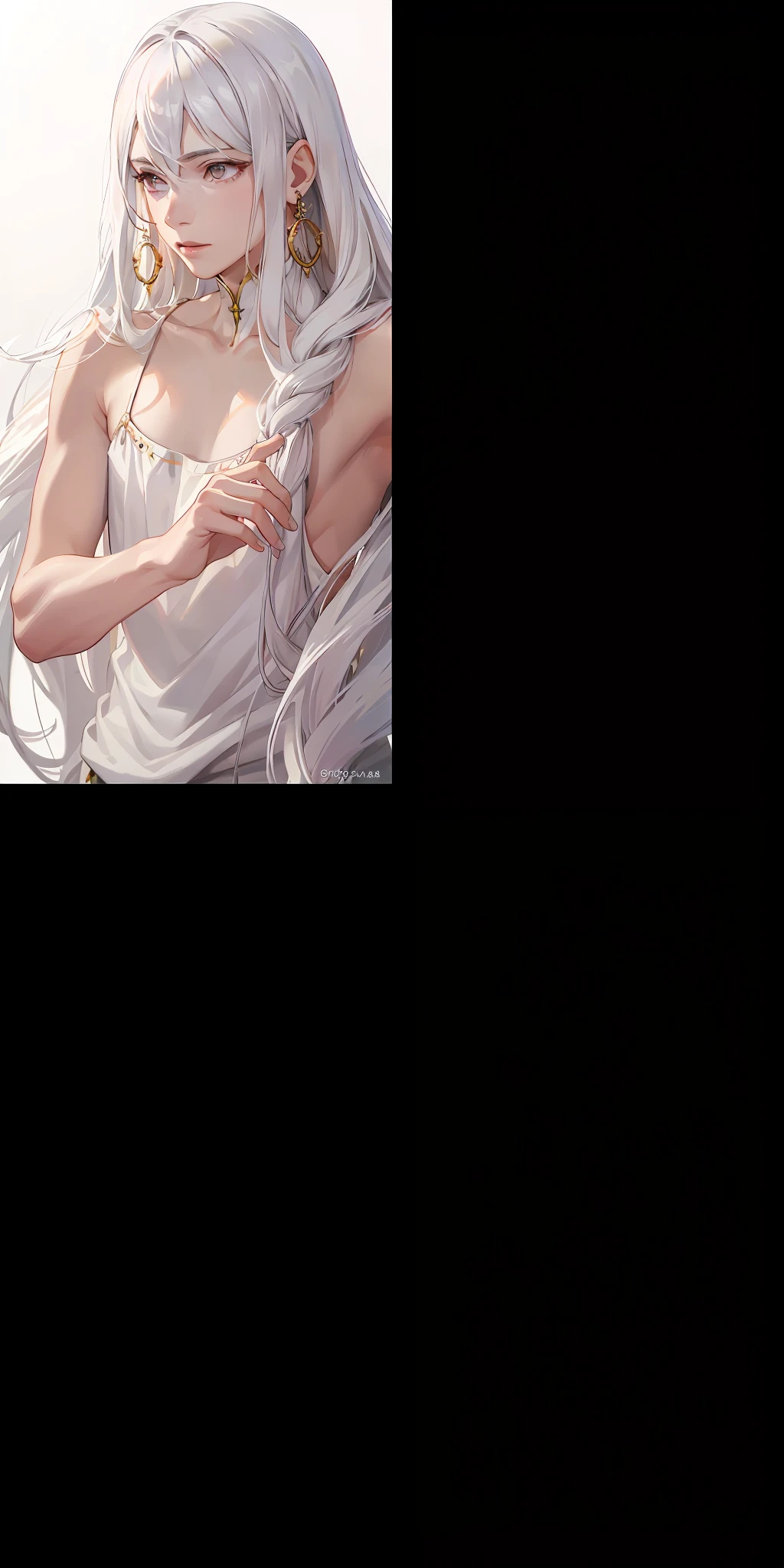 best quality, masterpiece,white hair, gold eyes,white clothes, looking up, upper body,hair strand,Fair skin,side braids