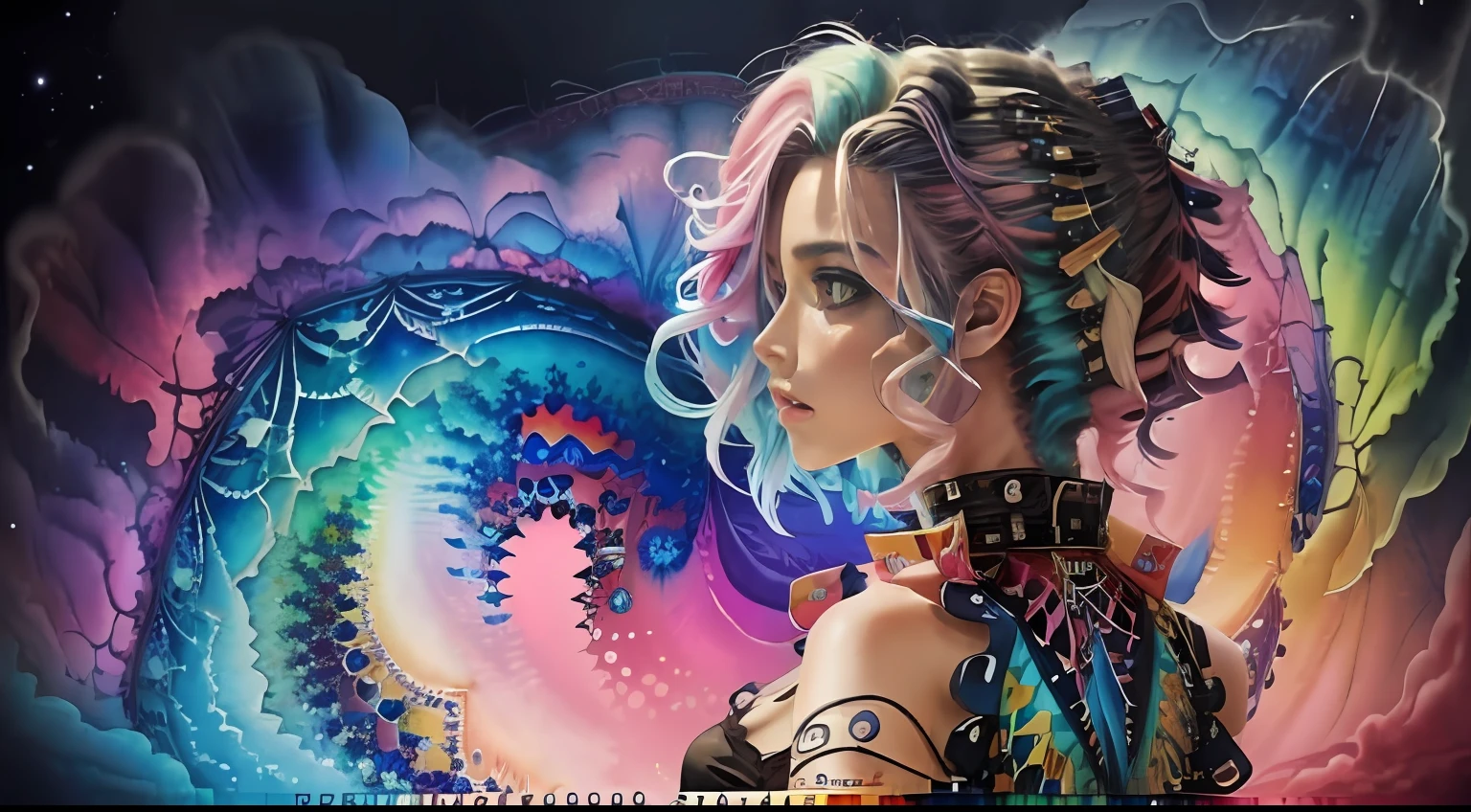 (masterpiece, top quality, best quality,watercolor (medium),official art, beautiful and aesthetic:1.2),(1girl:1.3), (fractal art:1.3),upper body, from side, looking at viewer,patterns,(rainbow color Hair,colorful hair,half blue and half pink hair:1.2),water,liquid, cloud,colorful, starry,stars,