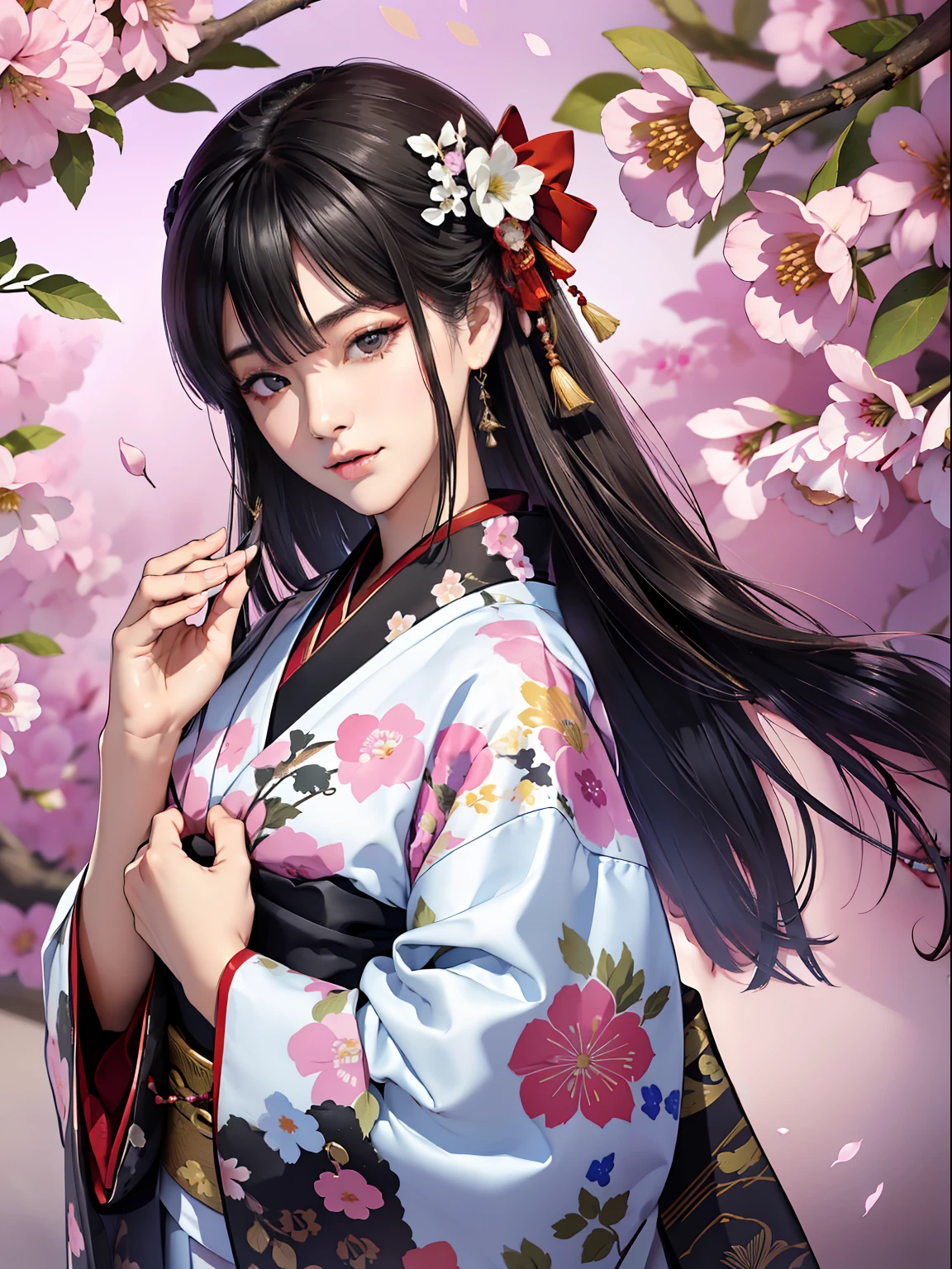 Mature girl、Long Black Hair、A slight smile、Black-haired、Colorful Japan kimono、Nishijin Ori、Delicate and smart eyes、intricate damask hanfu、Luxury accessories、FOV、F1.8、masterpiece、complex scenes、flower petals flying、Diagonal portrait shot、