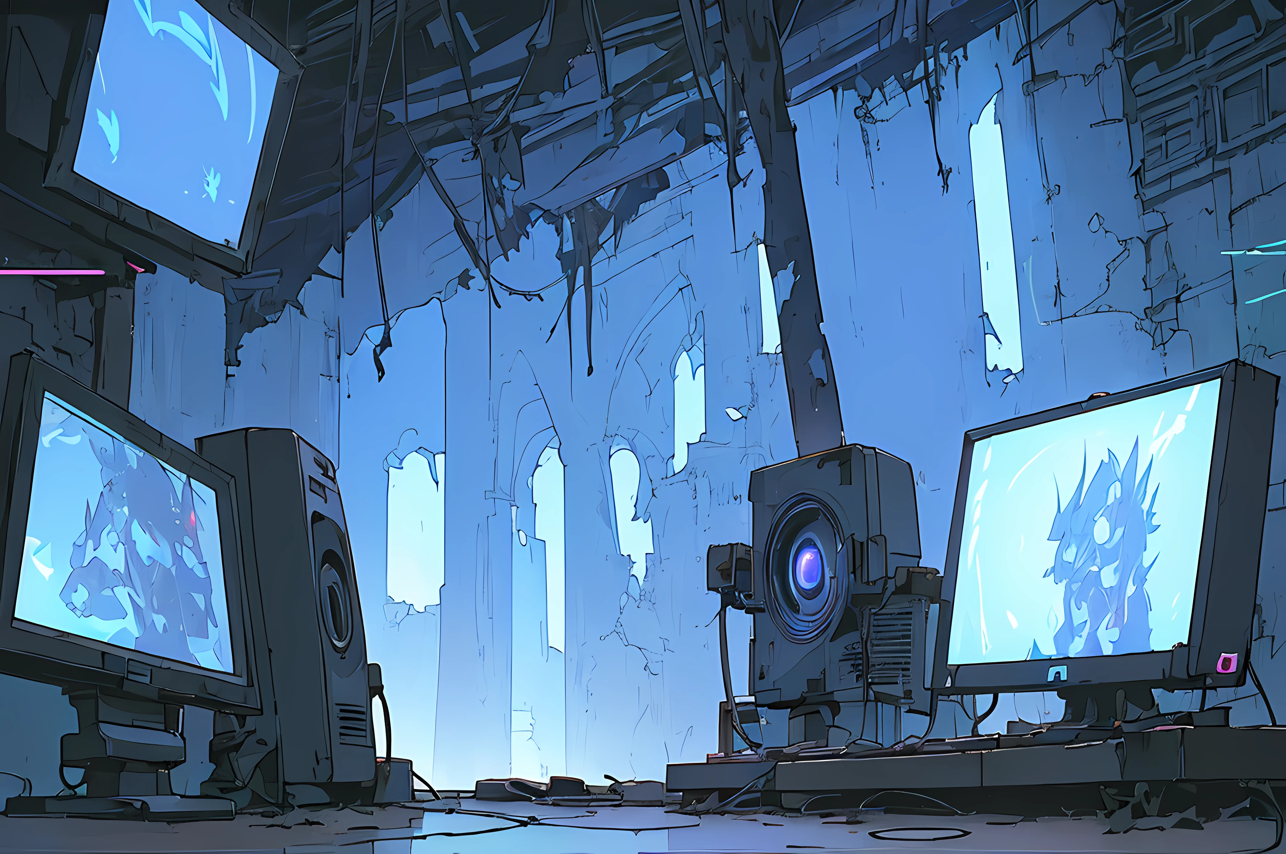 (((cyberpunk bleak bleak bleak dark black black black bleak gray))), vampire hunter d, (vintage vhs), (crt screenshot), (((dark scene))), (((dark cloudy scene))), (((angel's egg anime))), (((serial experiments lain anime))), (((underground basement scene))), (((unlit nighttime scene))), (((dark abandoned cyberpunk glowing screens lab house))), (((solemn blue anthro kemono furry rabbit with tall bunny ears exploring old computer screens))), (((underground cavern filled with glowing computer screens))), anime rabbit character with futuristic hair and glowing eyes and tall bunny ears exploring old ruins, anime art, anime aesthetic, (((old ruins in background cel art))), kemono anime rabbit girl, wearing cybernetic bunny ears, angry female fighter --v6