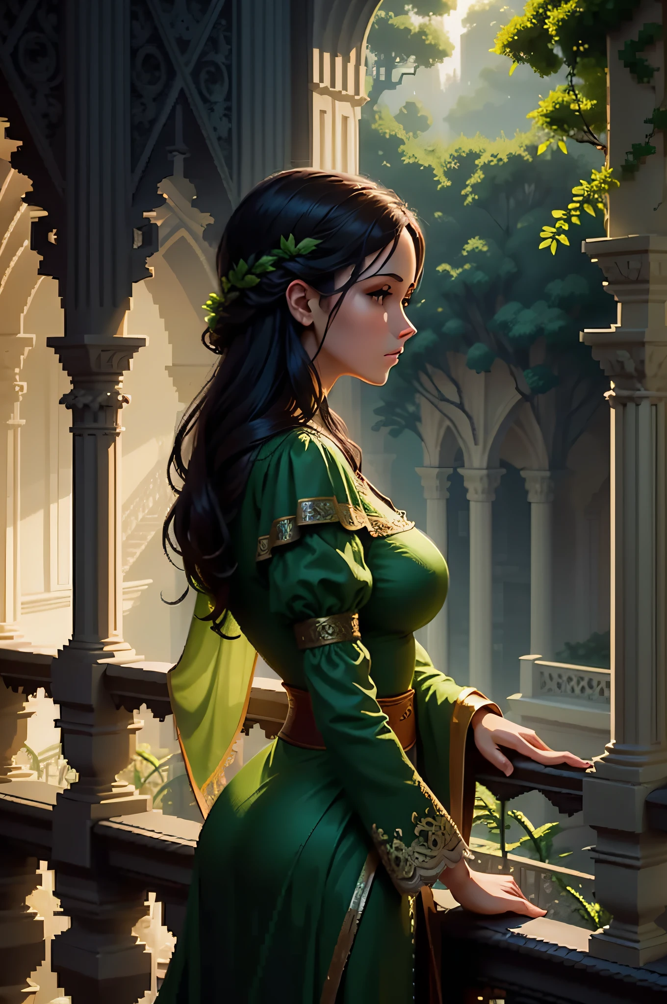 Atmospheric pixel art, Close-up of a woman on the balcony at dawn, Intricate, High detail, Dramatic, green trees, architecture