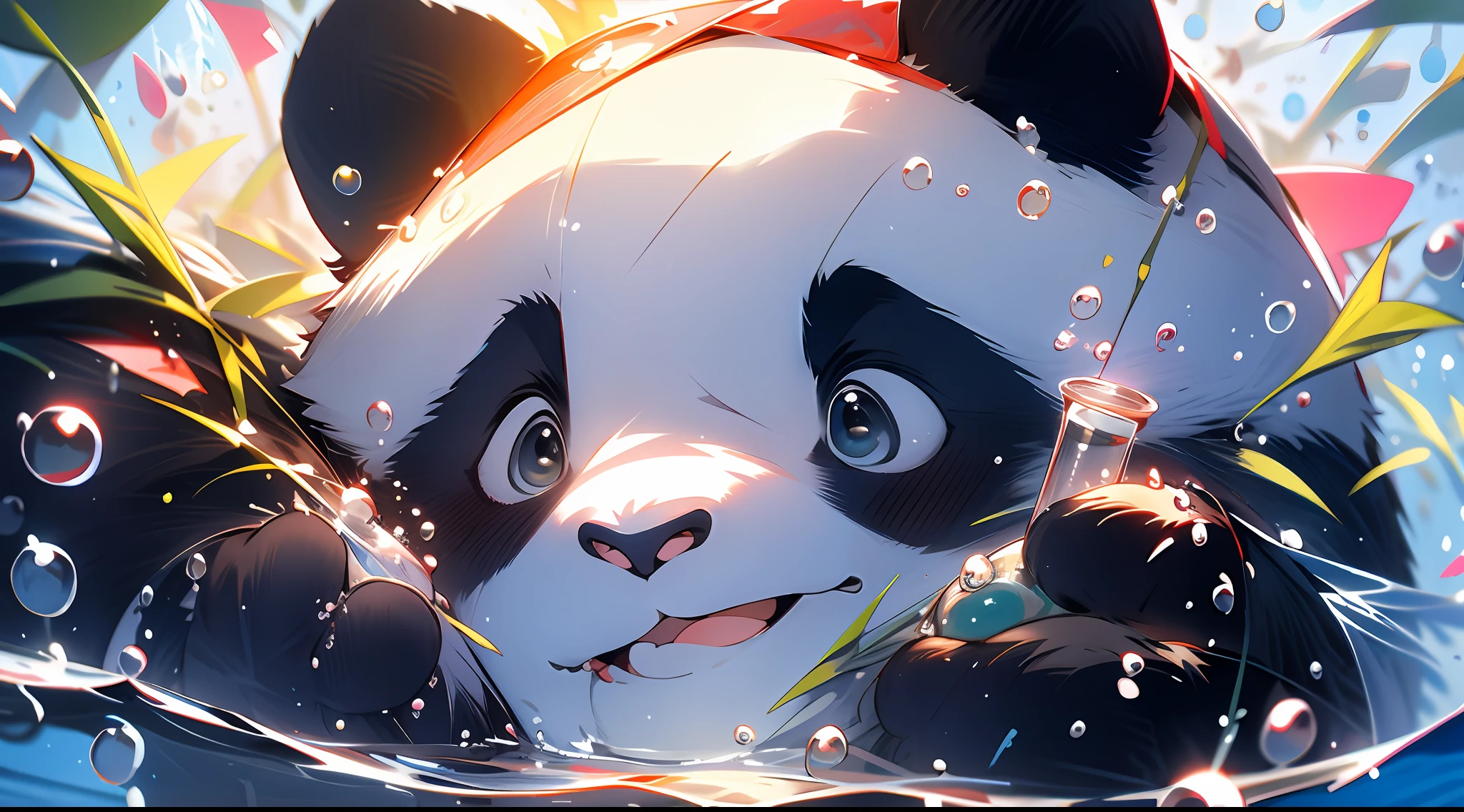 cute panda,closeup of face,portraitures,hairy pubic,No Man,under the water,water bubbles,Buble,adorable smile,最好质量,8K,high saturated,The panda sat all the time,Holding a bottle of mineral water in his hand,The picture is neat,Don't have too many colors,Don't be too flowery,Simple colors,Horizontal chart