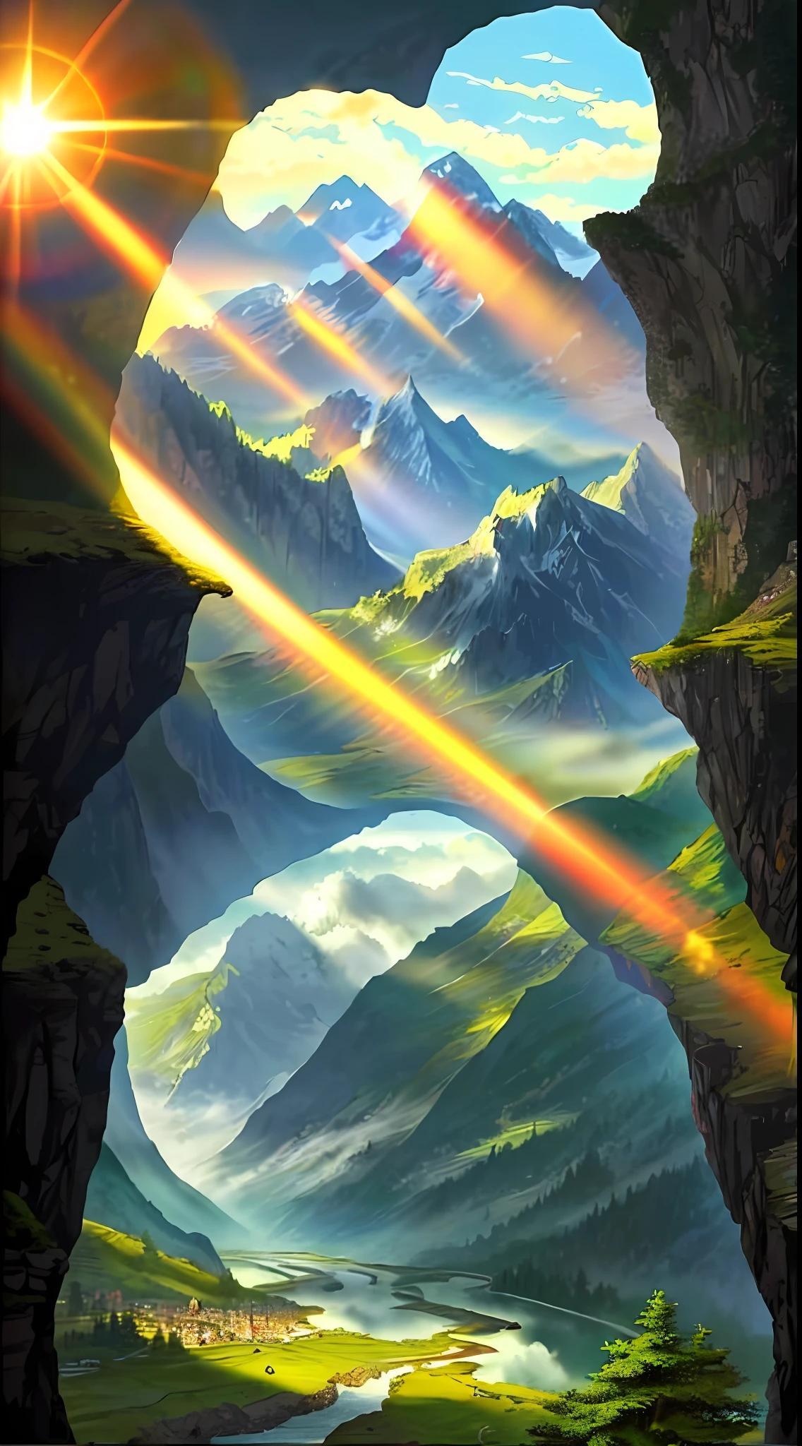 detailed background, masterpiece, best quality, landscape, mountains, river, forest, sun, day, clouds