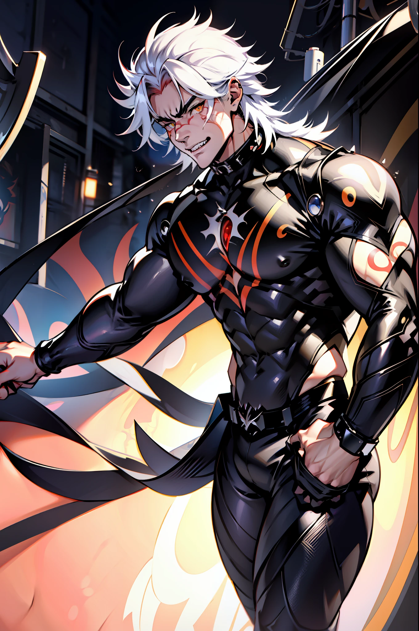 《the original god》Arataki Kazuto , male people, chest muscle, Sexy , Venom symbiote for your body, Black mucus of the body , into venom, venomize,Black bodysuit,Abs,apathy,(Adult male),((Venom possession,venom symbiote)),((Masterpiece)), ((Best quality)), Ultra detailed,((illustration)), Dynamic Angle, Detailed light, (Delicate eyes), Floating, 1boy, Male focus, Head, Clothing, Yellow eyes, necklace, tattoo, (Forehead:0.8), (ahoge:0.8), jewelry, whaite hair,apathy,Ray, chest muscle, Sexy , Venom symbiote for your body, Black mucus of the body , (into venom), Venom,frontage,Bust photo,White tight-fitting top,spiderman outfit,style of anime4 K, 4K anime wallpaper, Badass anime 8 K, 4 k comic wallpaper, young anime man, Anime boys, Anime wallpapers 4 k, Anime wallpaper 4K, High quality anime art style, Anime moe art style, Anime art wallpaper 8 K, Anime art wallpaper 4 K, RGB lighting,