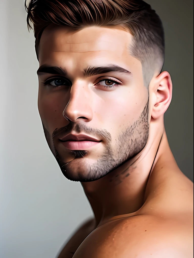 Masterpiece full frame, Close portrait, insanely handsome male model, 40s, Herculean Greek male, taupe clear skin, auburn buzzcut hair, light brown hair, very masculine, heterochromia light honey eyes, (skin texture), skin pores, shallow depth of field, sexy look, preeminent nose, sharp eye focus, backlit