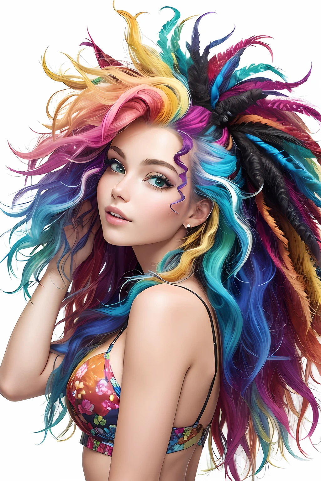 best quality, masterpiece, girl with really wild hair, mane, multicolored hair