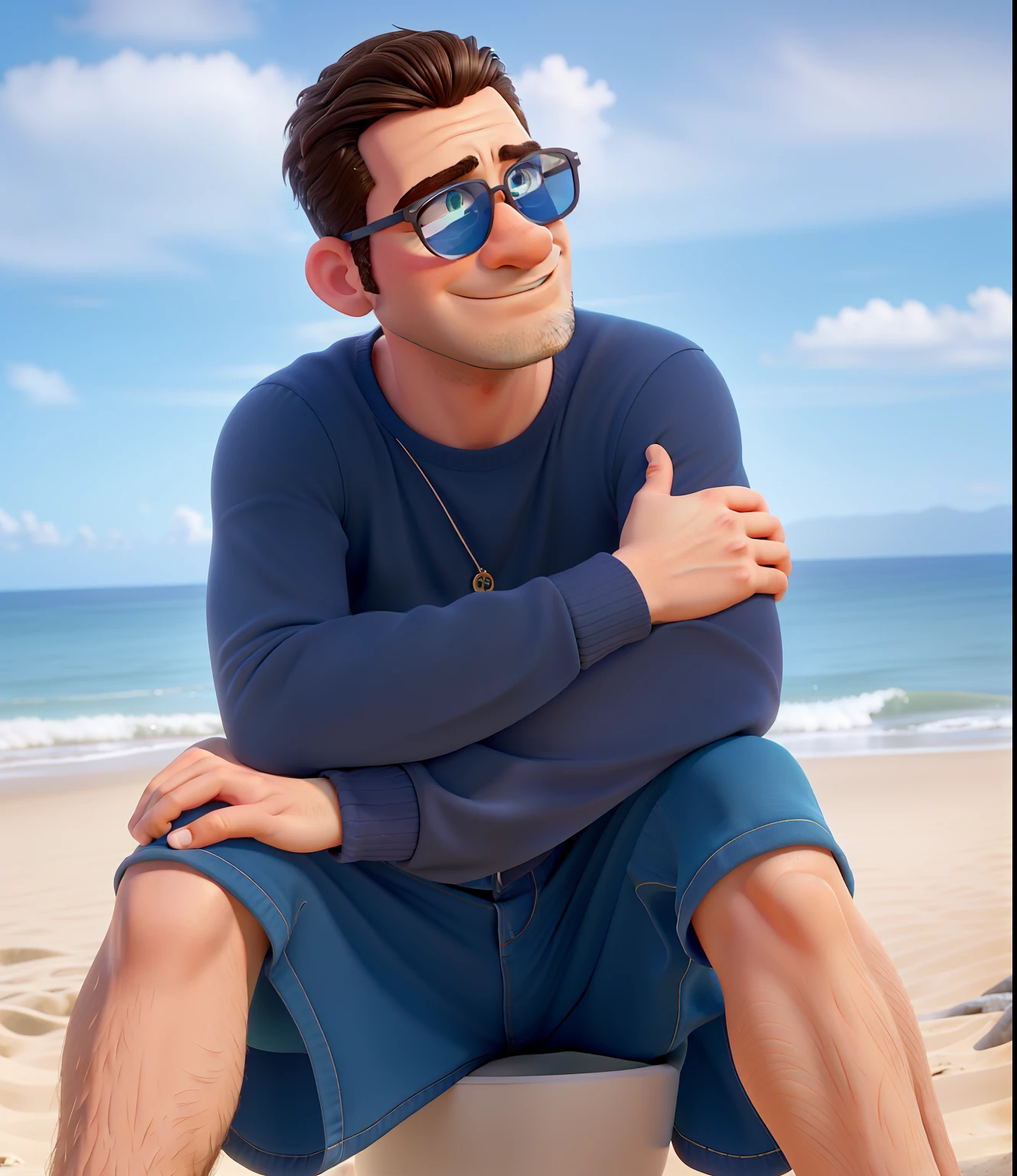obra prima, Um retrato de um belo jovem garoto, elegante, rosto bem iluminado, 15 anos, barba fina loira, rosto arredondado, cabelos loiro liso, rosto arredondado, wearing a sunglasses, pele branca, camisa de frio fina, Enhancing your high-definition white skin with cinematic lighting, profesional lighting, studio illumination, Estilo Pixar, Disney, Pixar style in high definition pixar style, Disney in Ultra Definition, Ao fundo, Blur the beach with beautiful waves and a spectacular sunset Professional lighting;, with high-definition colors and details, qualidade 8K ultra-detalhada