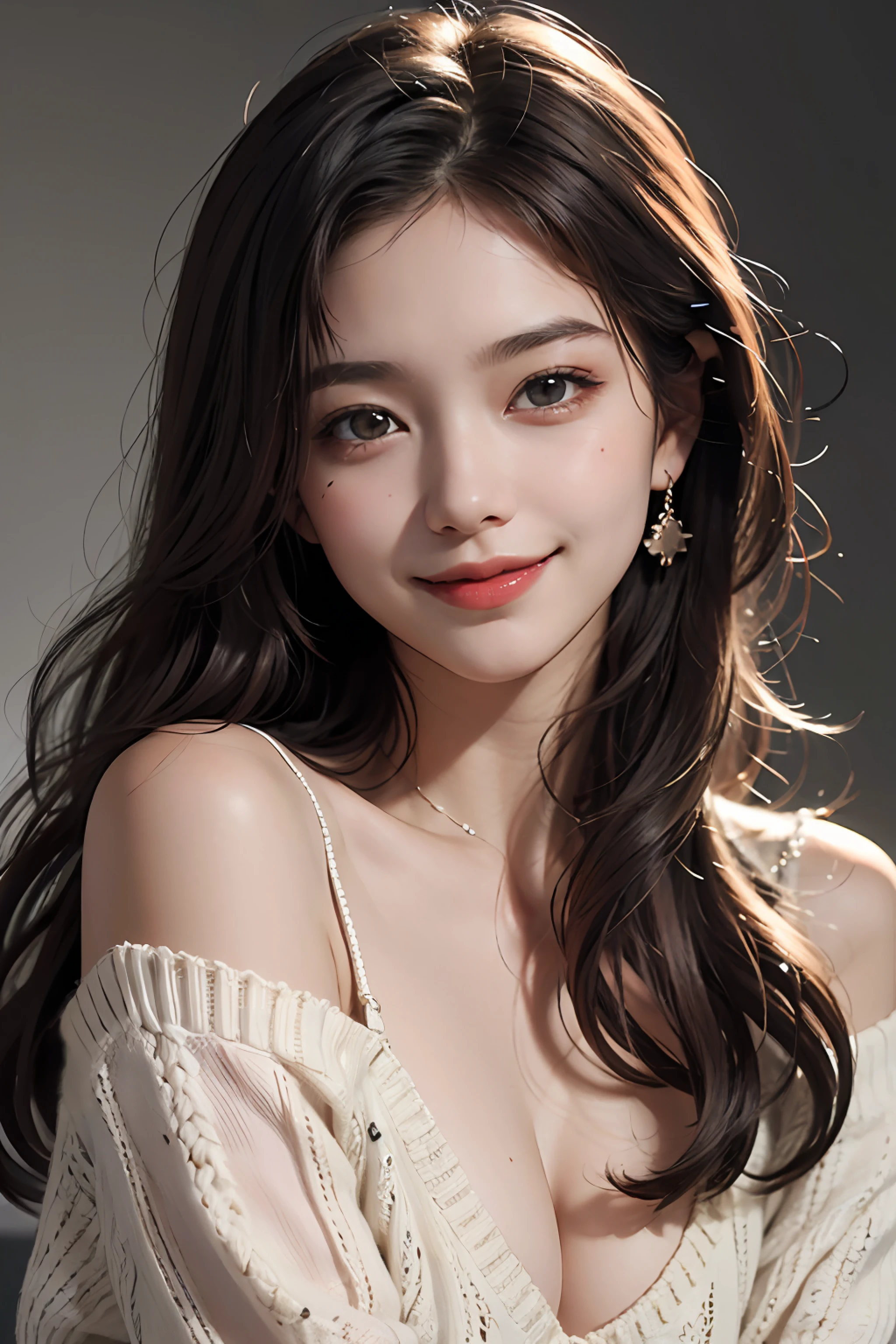 best quality, masterpiece, ultra high res, photorealistic, 1girl, offshoulder, smile, oversized_sweater, soft lighting, detailed skin,brown hair