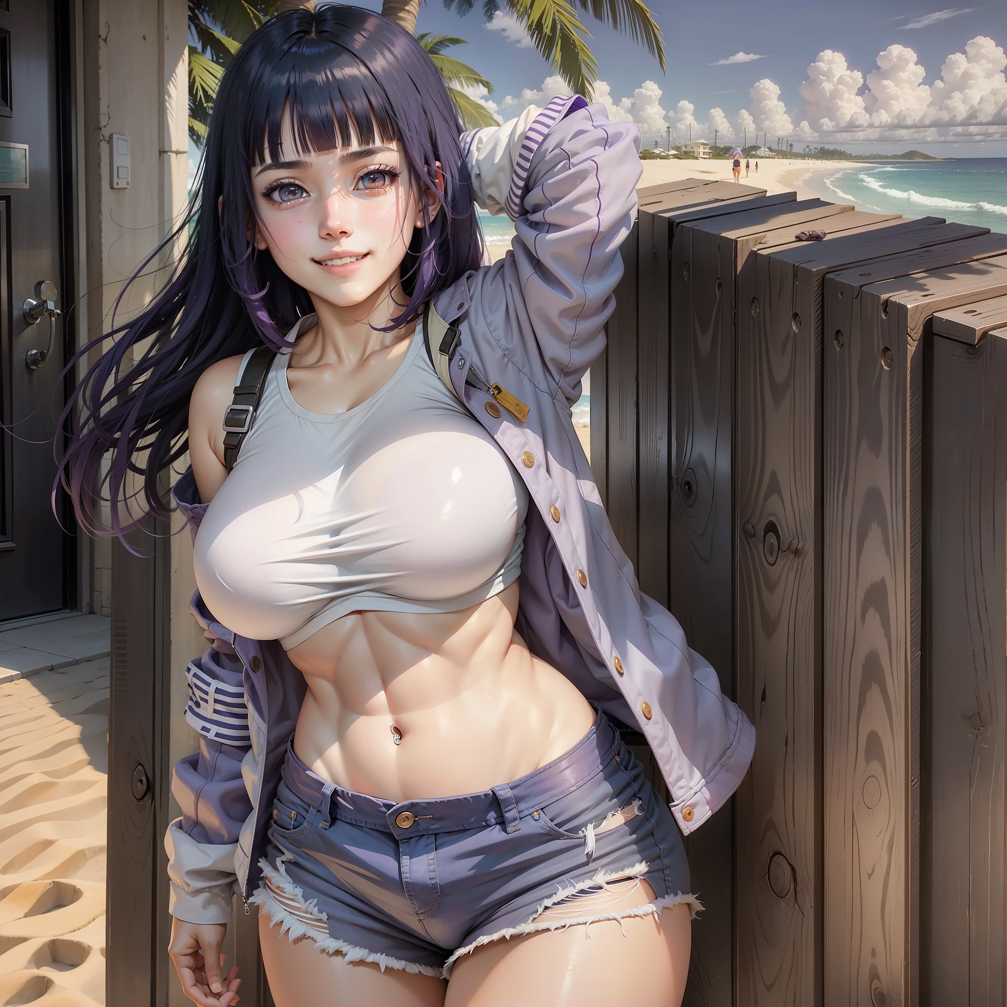 hyuuga hinata, gigantic breasts, jean shorts, white top, purple hair, blushing, smiling, blue jacket, at the beach, thick thighs, beautiful face, pretty smile, big eyes, asymmetrical bangs, slightly has abs, small waist, showing through top, posing by a wall, palm tree in background with beach, solo, 1girl, beautiful sky, white eyes