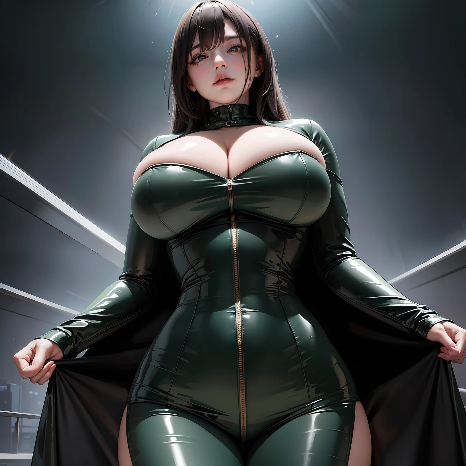 From below,Woman in dark green tight latex clothes,byself,Stand up,Hands were hoisted,((gigantic cleavage breasts)),Huge stacked breasts,The kinky is exposed ,The kinky is exposed ,(Surreal breasts )((Extremely full breasts)),((Super large)),Big breasts Thin waist,(((Extremely large breasts))),worried expression,seductiv,,