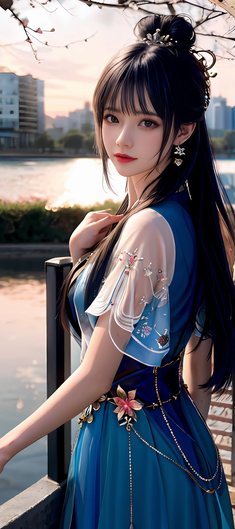 realisticity: 1.2), best quality, masterpiece, highres, cg, 1girl, weapon, sword, long hair, dress, water, solo, jewelry, blue dress, earrings, hair ornament, splashing, upper body super realistis, hair bun, blue and pink hair, city backgraun realistis, lighting,candid, Photograph, high resolution, 4k, 8k, Bokeh,