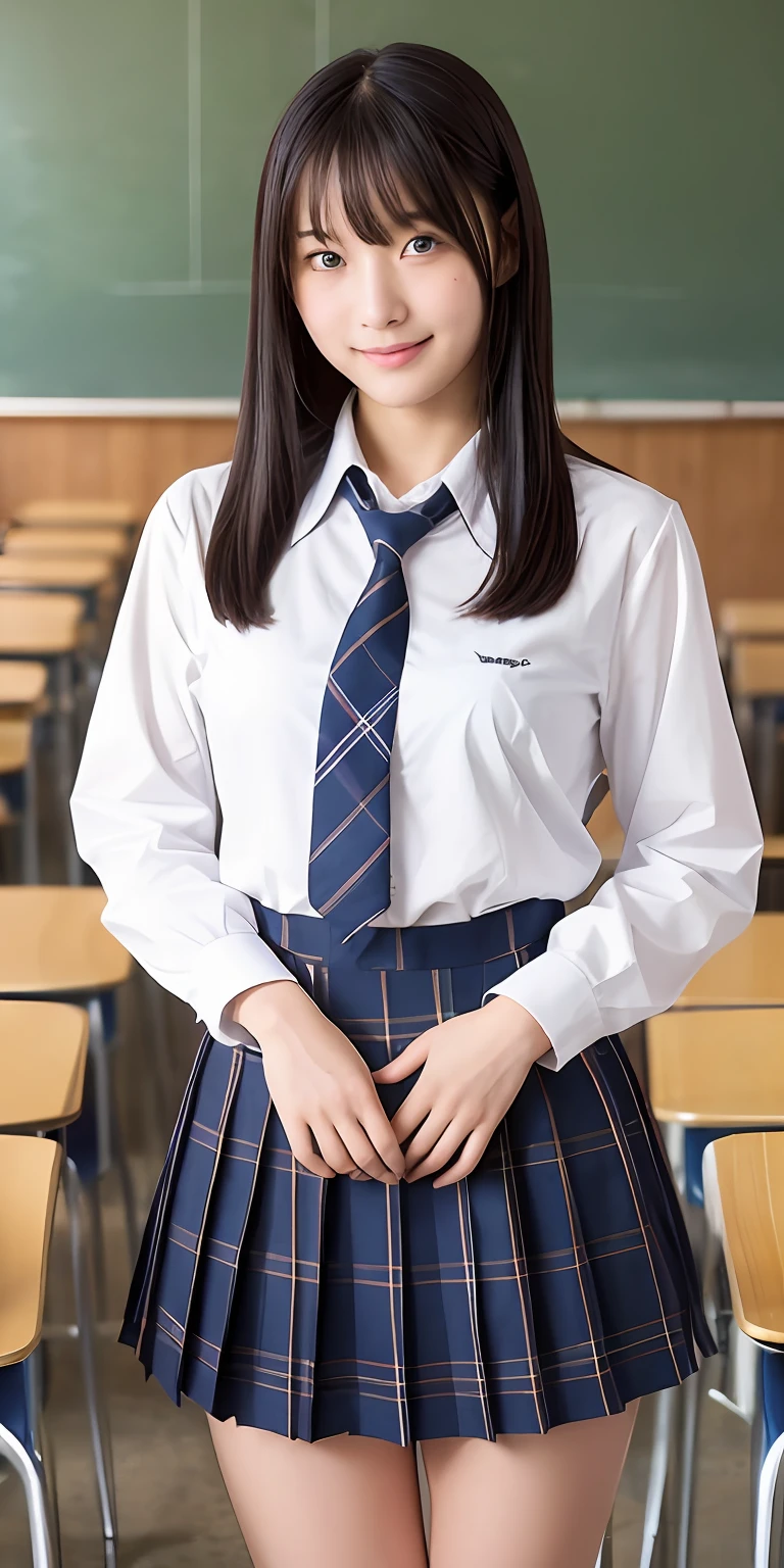 (masterpiece、top-quality:1.2), Surreal Schoolgirl, 独奏, 1girl in, Yukinoshita Yukino, (shinny skin、wetted skin:1.2), Wearing sweat, A slight smil, Look at viewers, all-fours, 校服, white shirt, plaid skirts, thighs thighs thighs thighs, PM, Classroom Surreal High School Girl full body Esbian