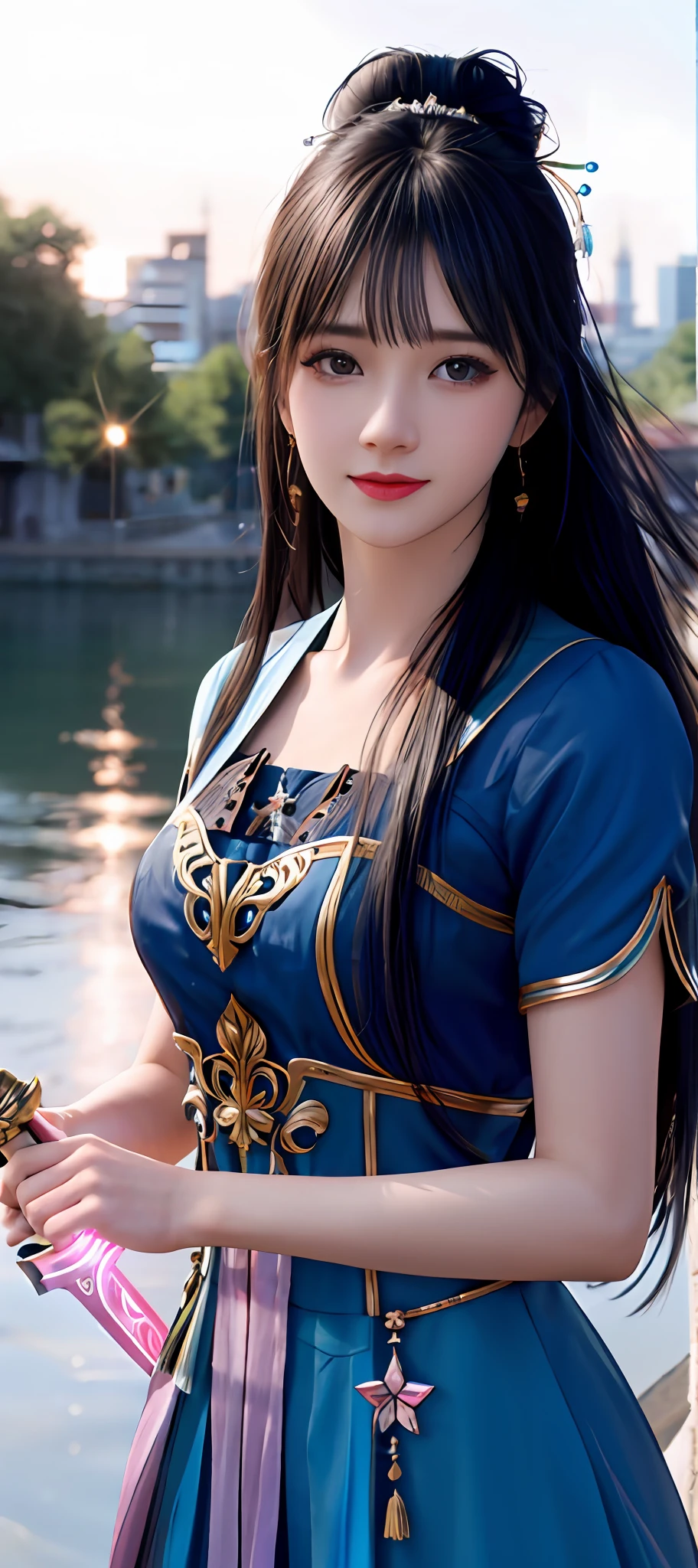 realisticity: 1.2), best quality, masterpiece, highres, cg, 1girl, weapon, sword, long hair, dress, water, solo, jewelry, blue dress, earrings, hair ornament, splashing, upper body super realistis, hair bun, blue and pink hair, city backgraun realistis, lighting,candid, Photograph, high resolution, 4k, 8k, Bokeh,