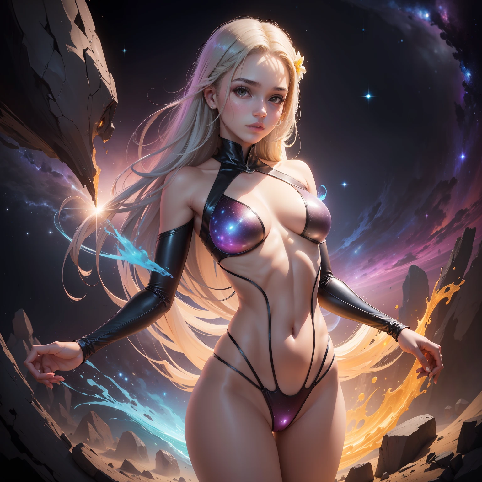 (melhor qualidade, obra-prima), 1girl, pose, Particle, vento, flor, parte superior do corpo, fundo simples, olhando para o espectador, loira, galaxy,peituda,nua