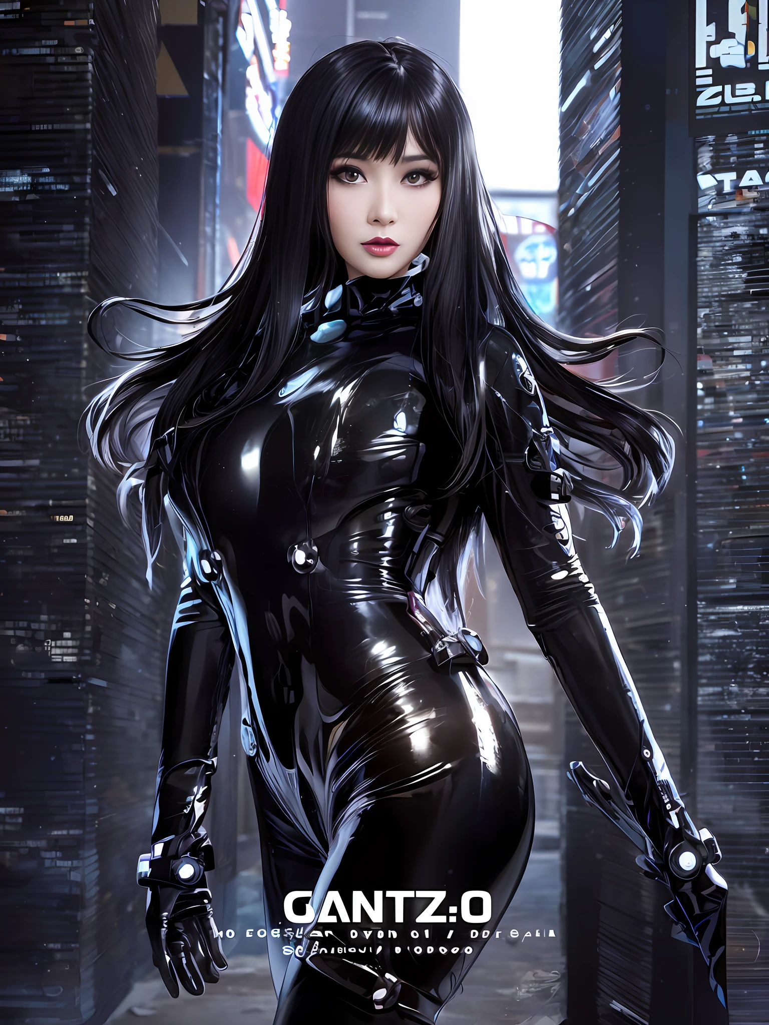 a close up of a woman in a black latex outfit, cyberpunk glossy latex suit, iu lee ji-eun as a super villain, gantz, female cyberpunk anime girl, futuristic glossy latex suit, styled like ghost in the shell, park shin hye as a super villain, diverse cybersuits, movie poster character, an oppai cyberpunk, cyber suit, cyber suit