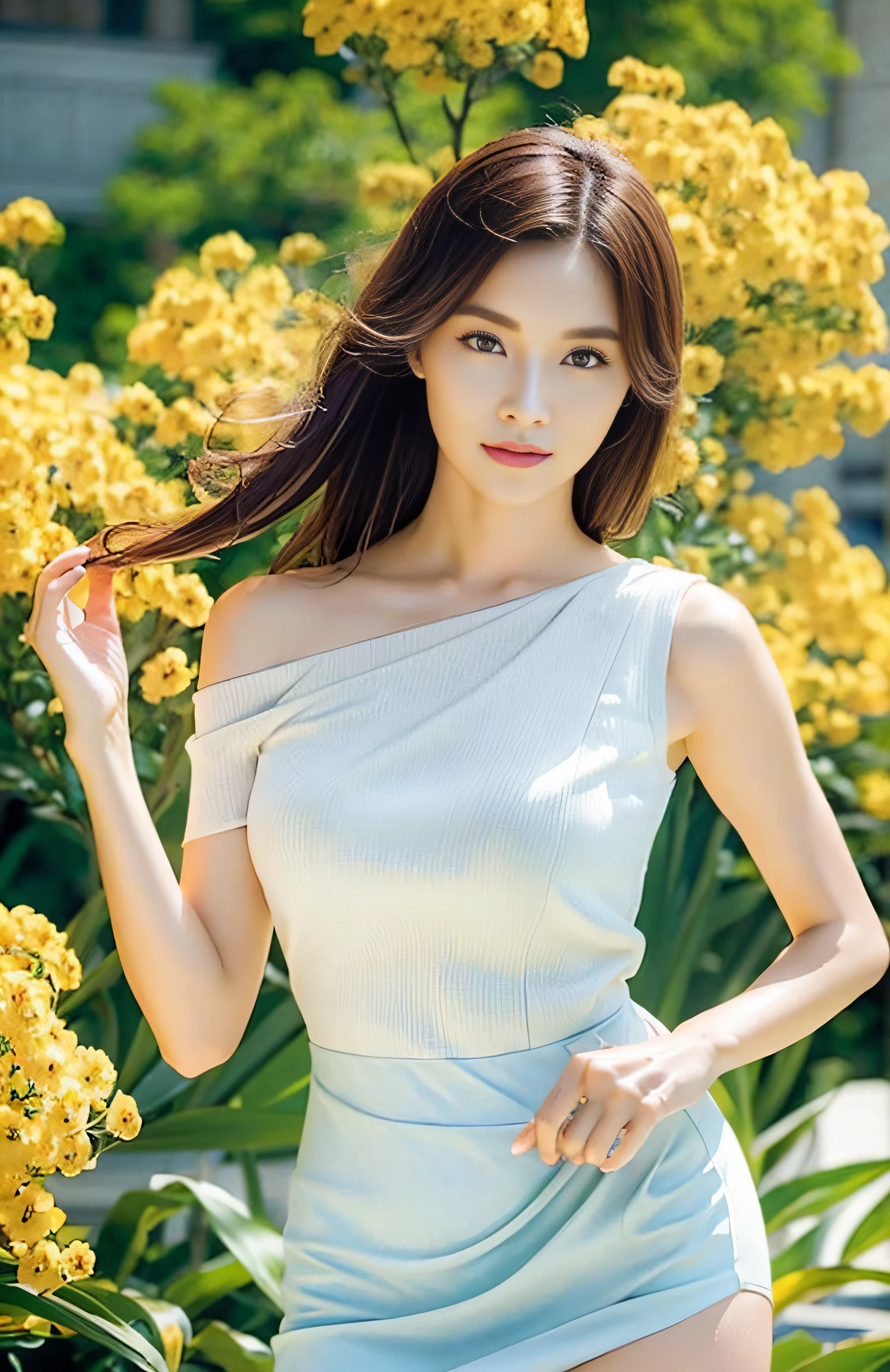 (Masterpiece), Top quality, Very detailed, (Watercolor), Flowers, Delicate and beautiful, Platinum hair, Illustration, (bottom), (1 girl: 1.4), (Solo: 1.2),, (Wet blouse: 1.3), Wet blouse shoulder to shoulder, cured, Bare shoulders, (lower:1.2), Beautiful eyes, (hairy hair), Photos, Over the shoulder photography, Alex Maleyev, Pro, Canon Camera, Nikon Camera, Sharp, Bokeh, Studio Quality, Fisheye, Robert Capa, Photorealistic, Ultra High Resolution, Complex, Ultra Detailed, (Skindentation), Cute, Female, Detailed Body, (Detailed Face: 1.1), (Contoured Iris), (Hydro Color Lens), (Perfect Eyes), 4K, Gorgeous, (Masterpiece: 1.2), (Best Quality: 1.2), Some beautiful women, (big breasts: 1.2) and (big breasts: 1.2), dresses, seductive poses, extreme hourglass figures, clubs, dances, ((miniskirts: 1.4))