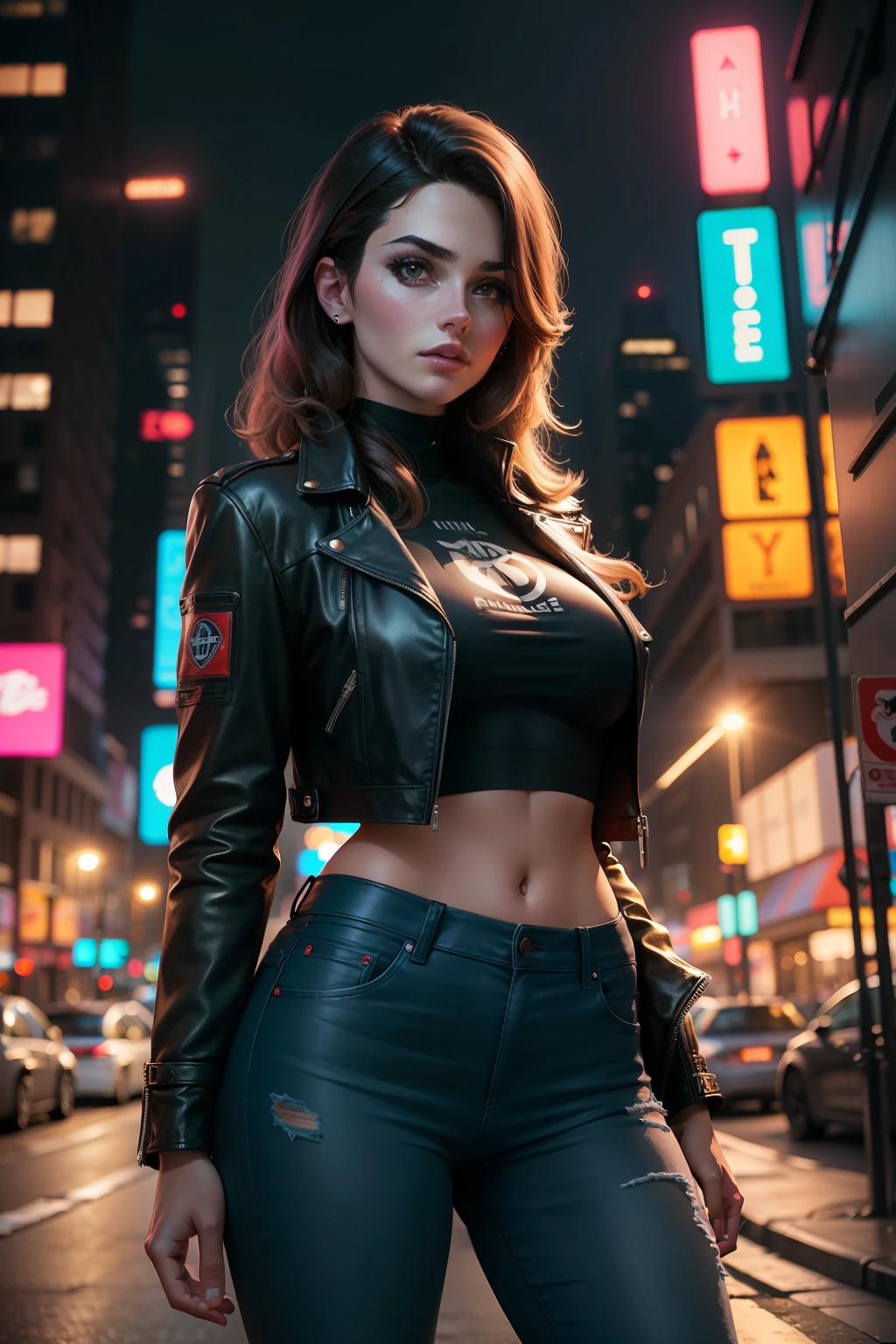 Retrato de gldot como uma bela modelo feminina, georgia fowler, rosto lindo, cabelo castanho escuro curto, In the Cyberpunk City at Night. She's wearing a leather jacket, jeans preto, lighting dramatic