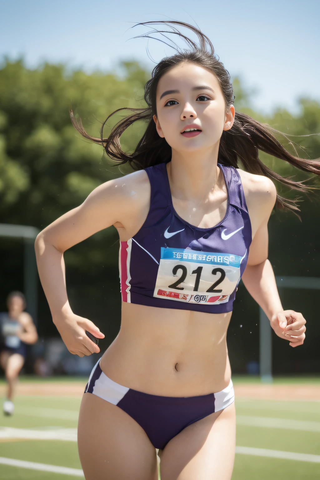 (((Sports, Short, Long, Running, Jogging, Marathon, Exercise, Athletics, Running, Running Posture, Running, Feeling of Galloping, Sweat, Sweat, Sweating Lots)))), ((Volley Uniform: 1.3, White, Red, Blue, Uniform: 1.3, Lower, Swaying, Hetero)), ((White, Red, Blue, Bloomers: 1.2, Low Rise)), (Athletics, Floating Hair NovaFrog Style, Floating Hair, Hair and Clothes That Flutter in the Wind, High School, Slender Abs: 1.2, Navel, Serious Look), (The shape of the pubic area is clearly visible)), Blushing, NSFW, 8k, RAW Photo: 1.2, (Best Quality: 1.4, Masterpiece: 1.4), Super Detail, Best Illustration, Ultra High Resolution, Portrait, Film Grain, 1girl, POV, Depth of Field, Photorealistic: 1.4, detailed hair, realistic hair, realistic lighting, realistic shadows, realistic clothing, realistic skin, natural skin texture, portrait: 0.6, light particles, lens flare, glowing particles: 0.6, bokeh: 1.2, clean: 1.8, professional lighting, photon mapping, radiosity, physically based rendering, incredibly absurd, Glossy skin, pale skin: 1.2, PureErosFace_v1: 0.7, fair skin: 1.1, round face: 1.5, mouth open, puffy eyes, purple eyes, double eyelids, egyosar: 1, floating hair, makeup, Japan girl, lovely thighs, shining thighs, shining legs