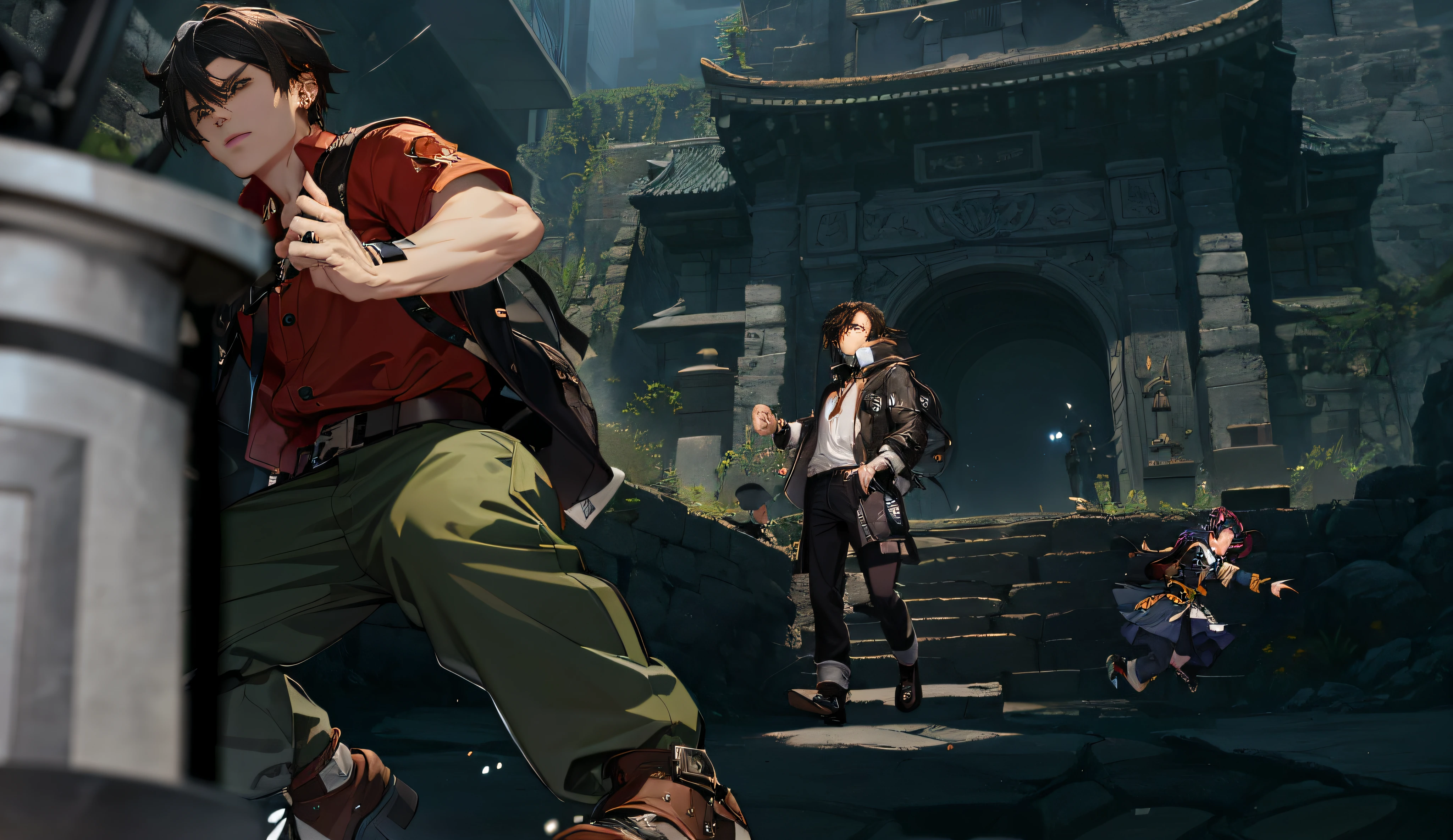 Anime characters walking in dark alleys,The background is a building, Guilty Gear strives to splash art, character art the contra, guilty gear strive graphics, G Liulian art style, krenz cushart and wenjun lin, Kawasi, ross tran and bayard wu, shadowrun splash art, rob rey and kentaro miura style