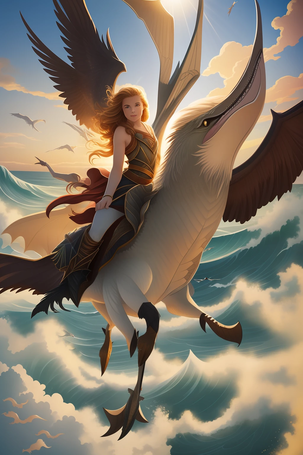 A young beautiful girl soars majestically on the back of a majestic pterodactyl, the sun glinting off the waves of the ancient sea below.