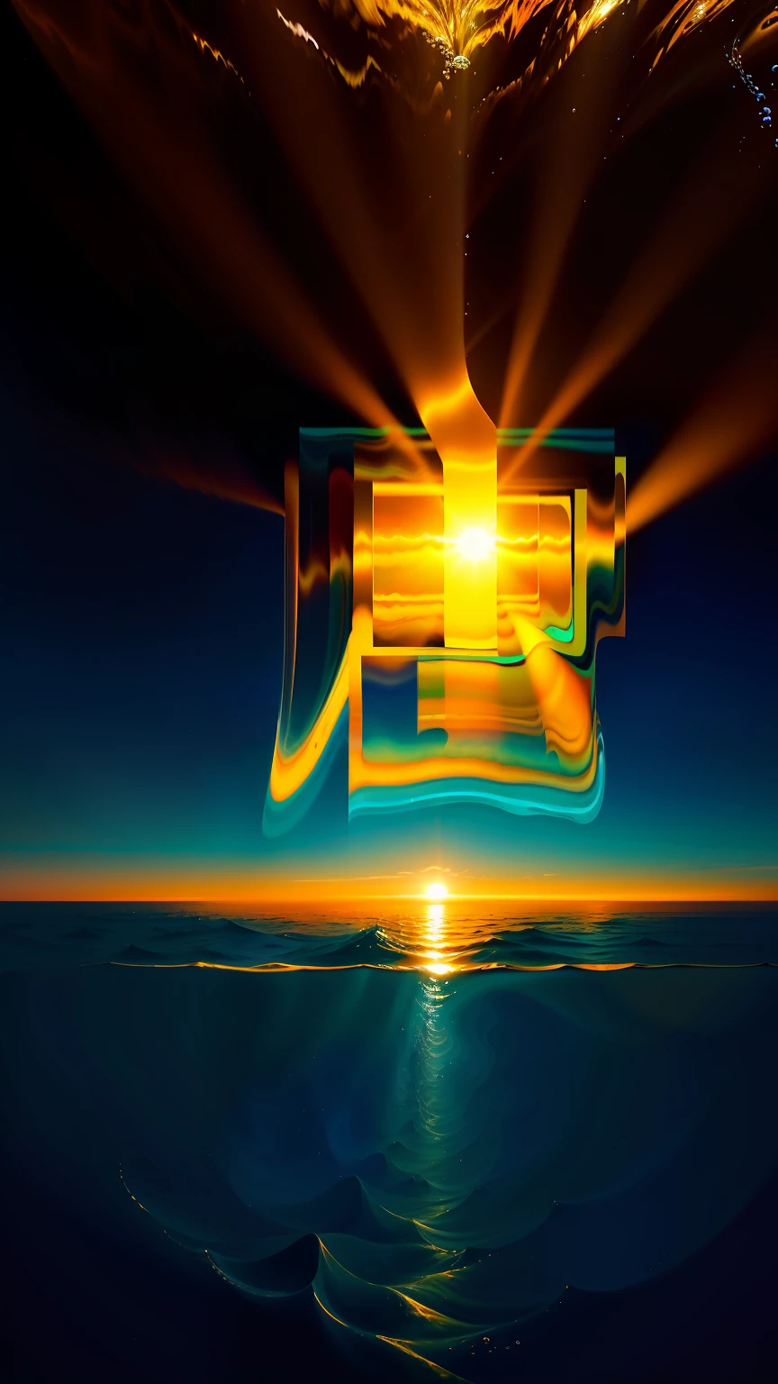 "Vast endless ocean stretches out into the horizon, magnificent whales breaching and diving into the depths. The sun glitters on the surface of the water, casting a warm golden light over everything in its path, creating a stunning visual masterpiece. Let the tranquility and beauty of the underwater world capture your imagination, with its soft color palette, flowing movements, and serene stillness."