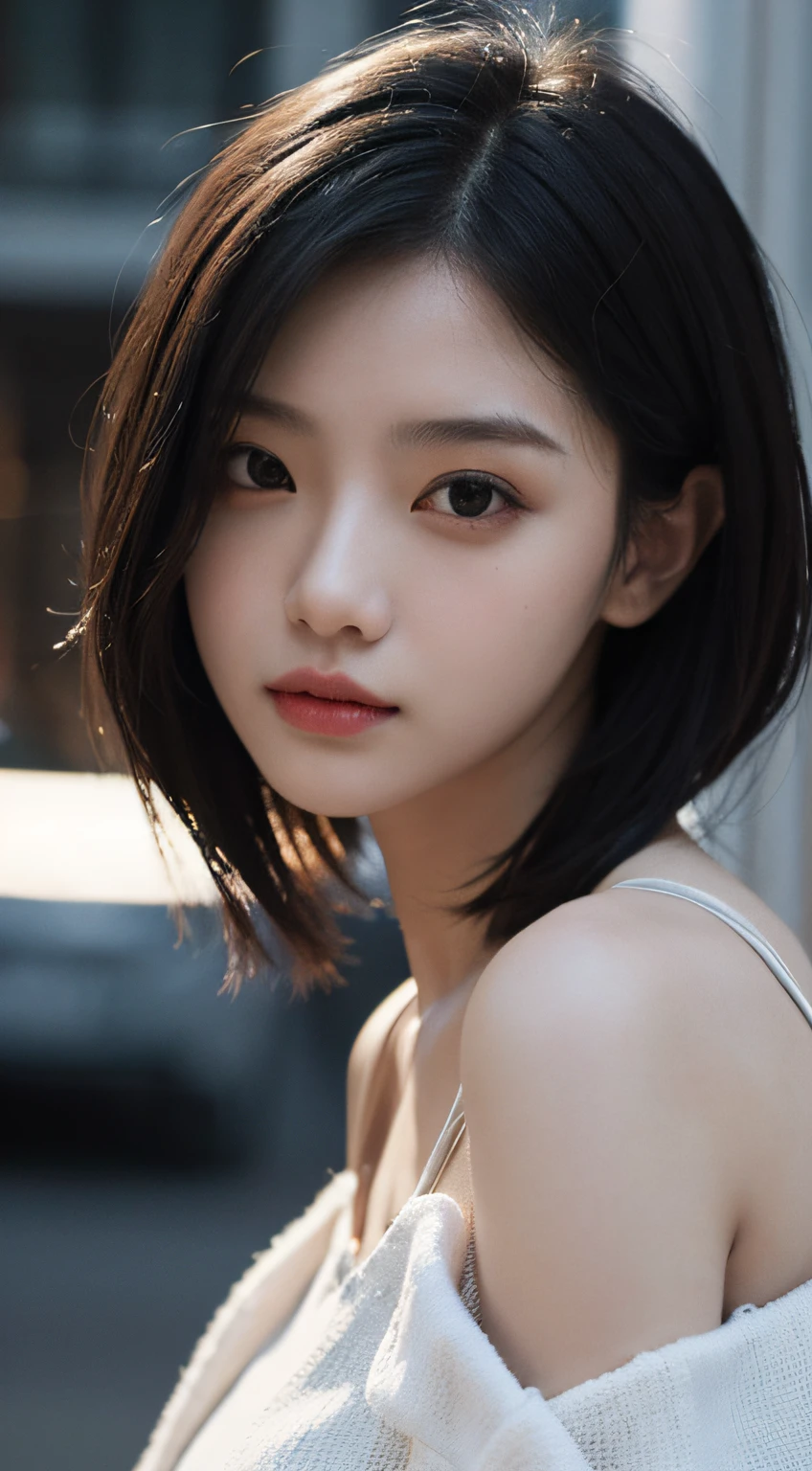 best qualtiy, tmasterpiece, 超高分辨率, (realisticlying:1.5), RAW photogr, 1girll, in the darkness nigth, deep shading, low tune, cold light, Sexy look, short detailed hair,((best qualtiy,8K,tmasterpiece:1.3))),Clear focus:1.2,(layer cut,The large:1.2),Beautiful Women in Perfect Figure:1.4,Highly Detailed Face and Skin Textur,Detailed eyes,二重まぶた,