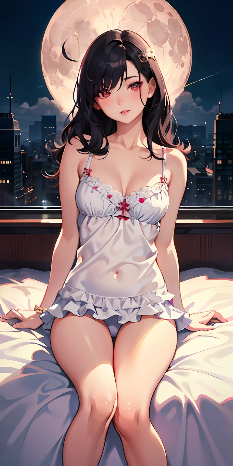 realistic, 1girl, hair over one eye, parted lips, blush, makeup, light smile, pajamas, glow, thighs, red eyes, collarbone, narrow waist, bedroom, window, moon, on side, (masterpiece), television, wallpaper, moonlight, underwear,