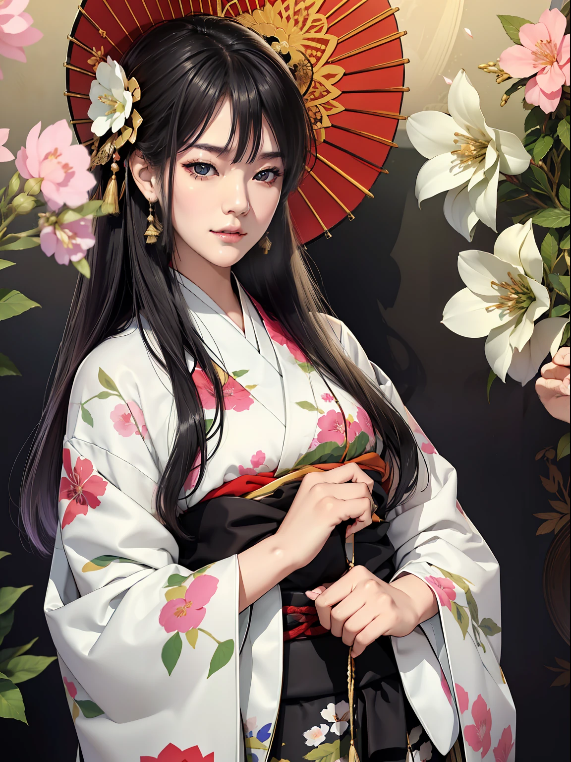 Mature girl、Long Black Hair、A slight smile、Black-haired、Colorful Japan kimono、Nishijin Ori、Delicate and smart eyes、intricate damask hanfu、Luxury accessories、FOV、F1.8、​masterpiece、complex scenes、flower petals flying、Diagonal portrait shot、