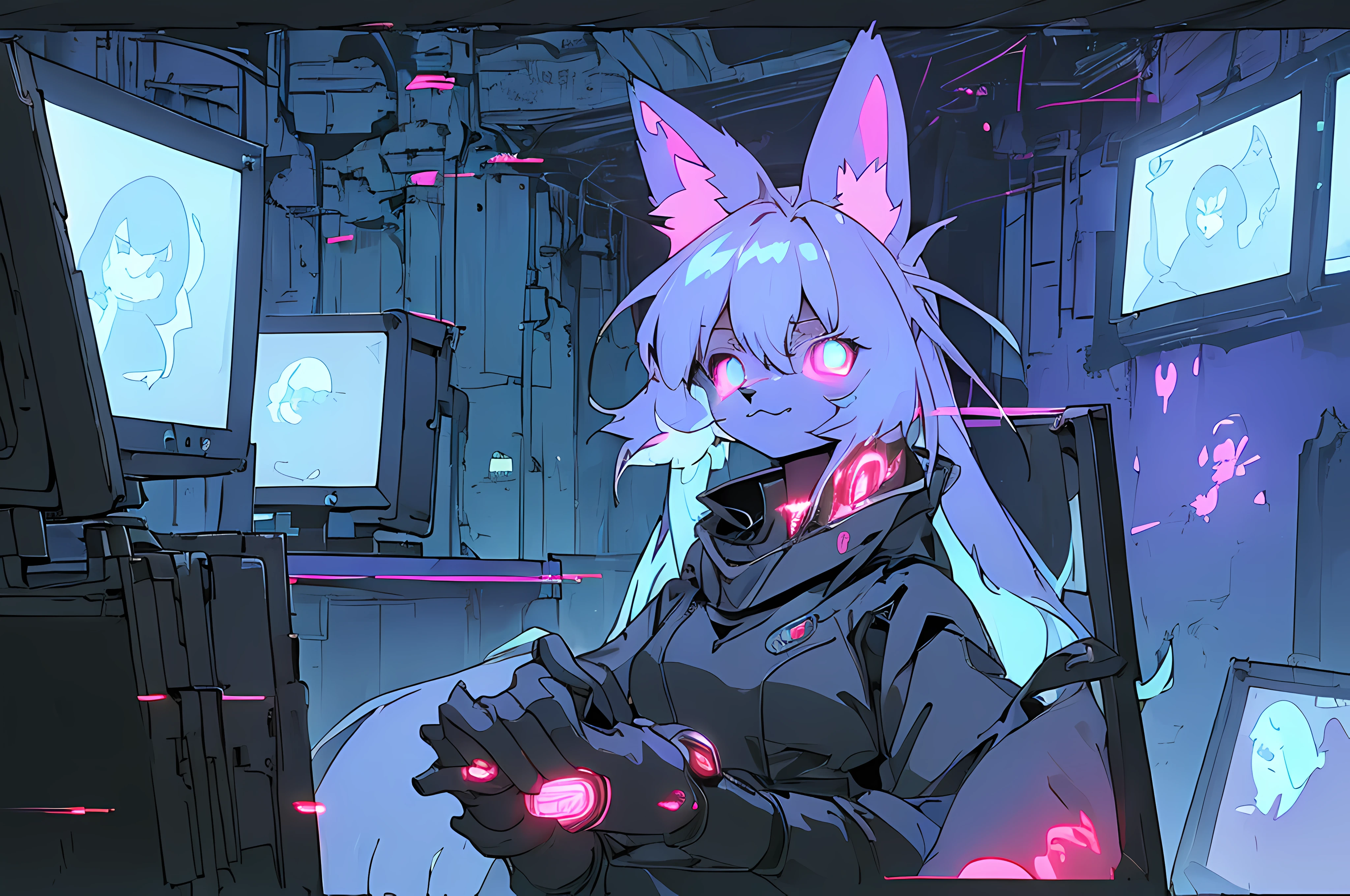 (((cyberpunk bleak bleak bleak dark black black black bleak gray))), vampire hunter d, (vintage vhs), (crt screenshot), (((dark scene))), (((dark cloudy scene))), (((angel's egg anime))), (((serial experiments lain anime))), (((underground basement scene))), (((unlit nighttime scene))), (((dark abandoned cyberpunk glowing screens lab house))), (((solemn blue anthro kemono furry rabbit with tall bunny ears exploring old computer screens))), (((underground cavern filled with glowing computer screens))), anime rabbit character with futuristic hair and glowing eyes and tall bunny ears exploring old ruins, anime art, anime aesthetic, (((old ruins in background cel art))), kemono anime rabbit girl, wearing cybernetic bunny ears, angry female fighter --v6